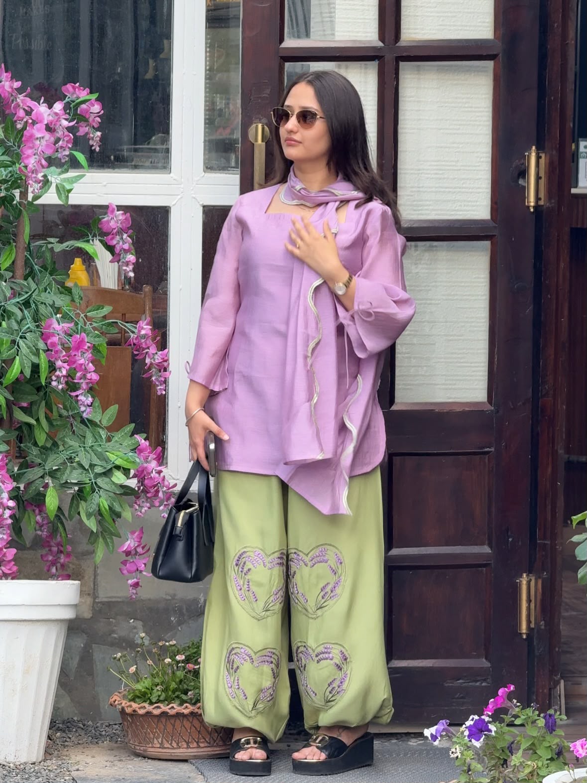 Lavender Chanderi Kurta with Olive Embroidered Palazzo Suit for Women