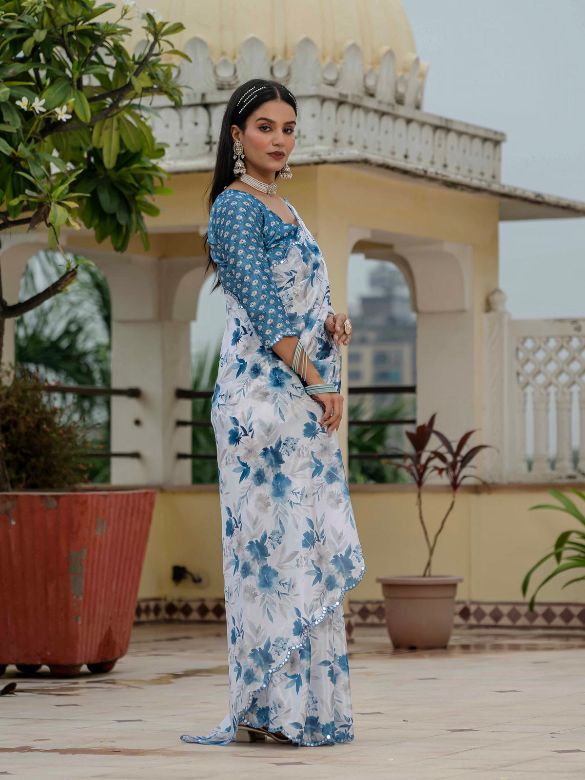 White Blue Floral Chinnon Ready to Wear Saree for Women