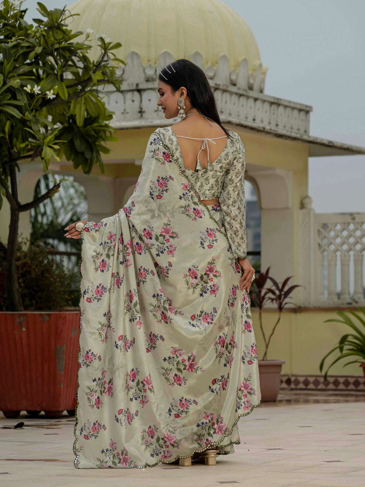 Pastel Green Floral Heavy Chinnon Ready to Wear Saree for Women