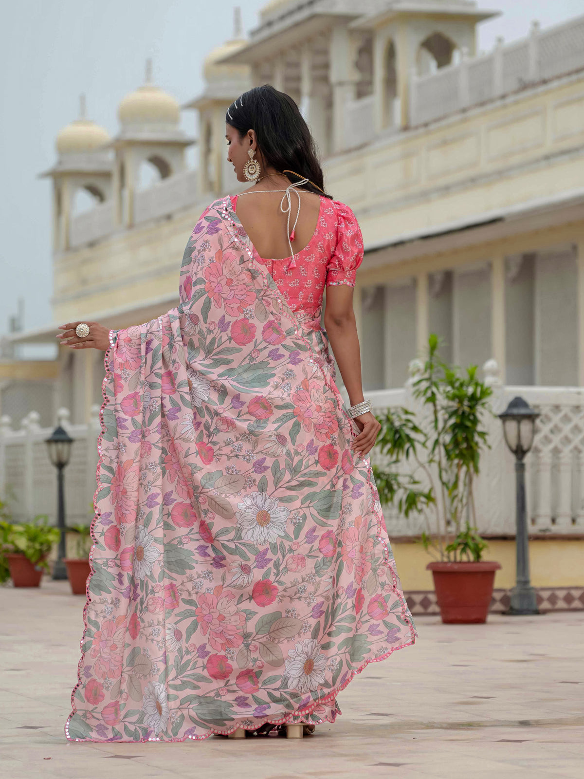 Blush Pink Floral Heavy Chinnon Ready to Wear Saree for Women