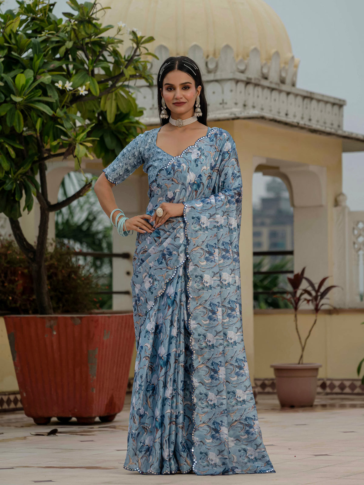 Powder Blue Floral Heavy Chinnon Ready to Wear Saree for Women