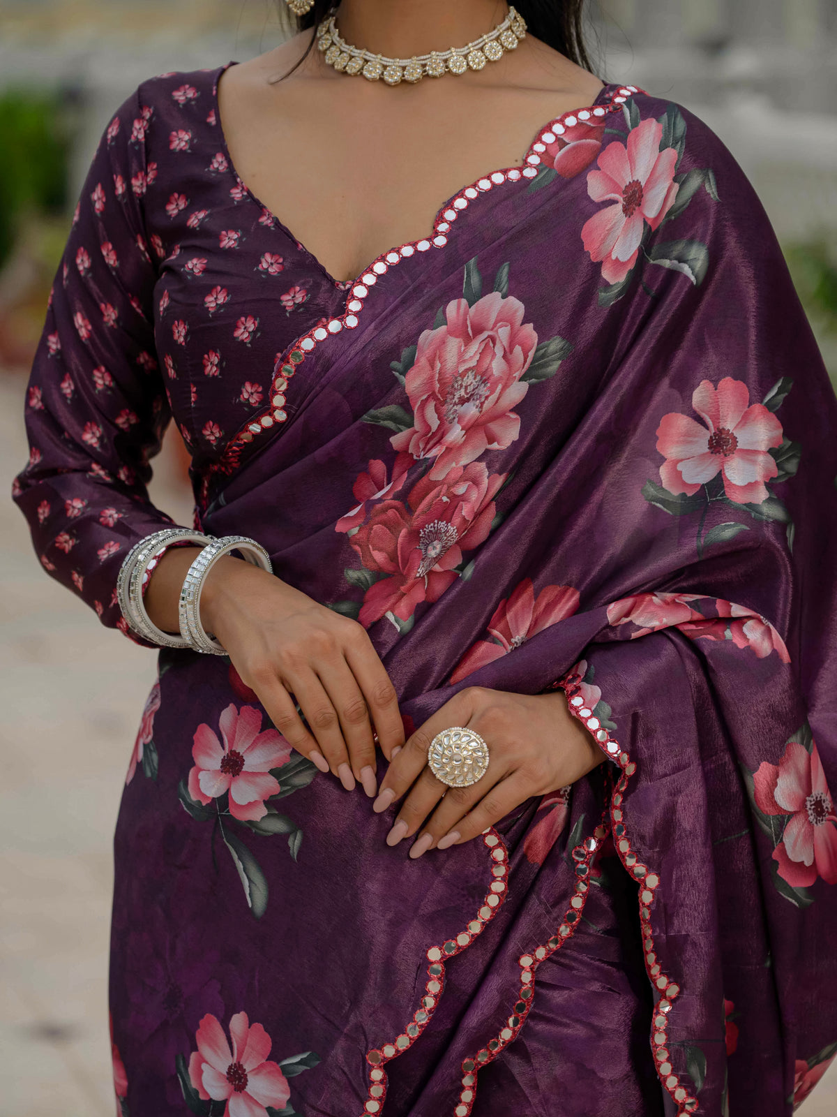 Plum Floral Chinnon Ready To Wear Saree With Blouse for Women