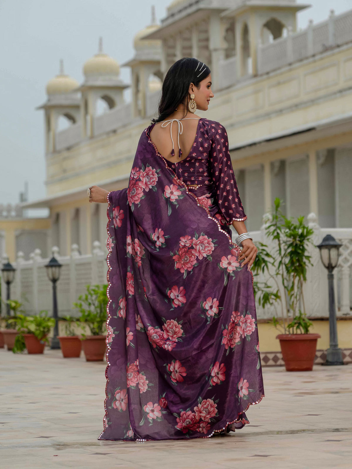 Plum Floral Chinnon Ready To Wear Saree With Blouse for Women