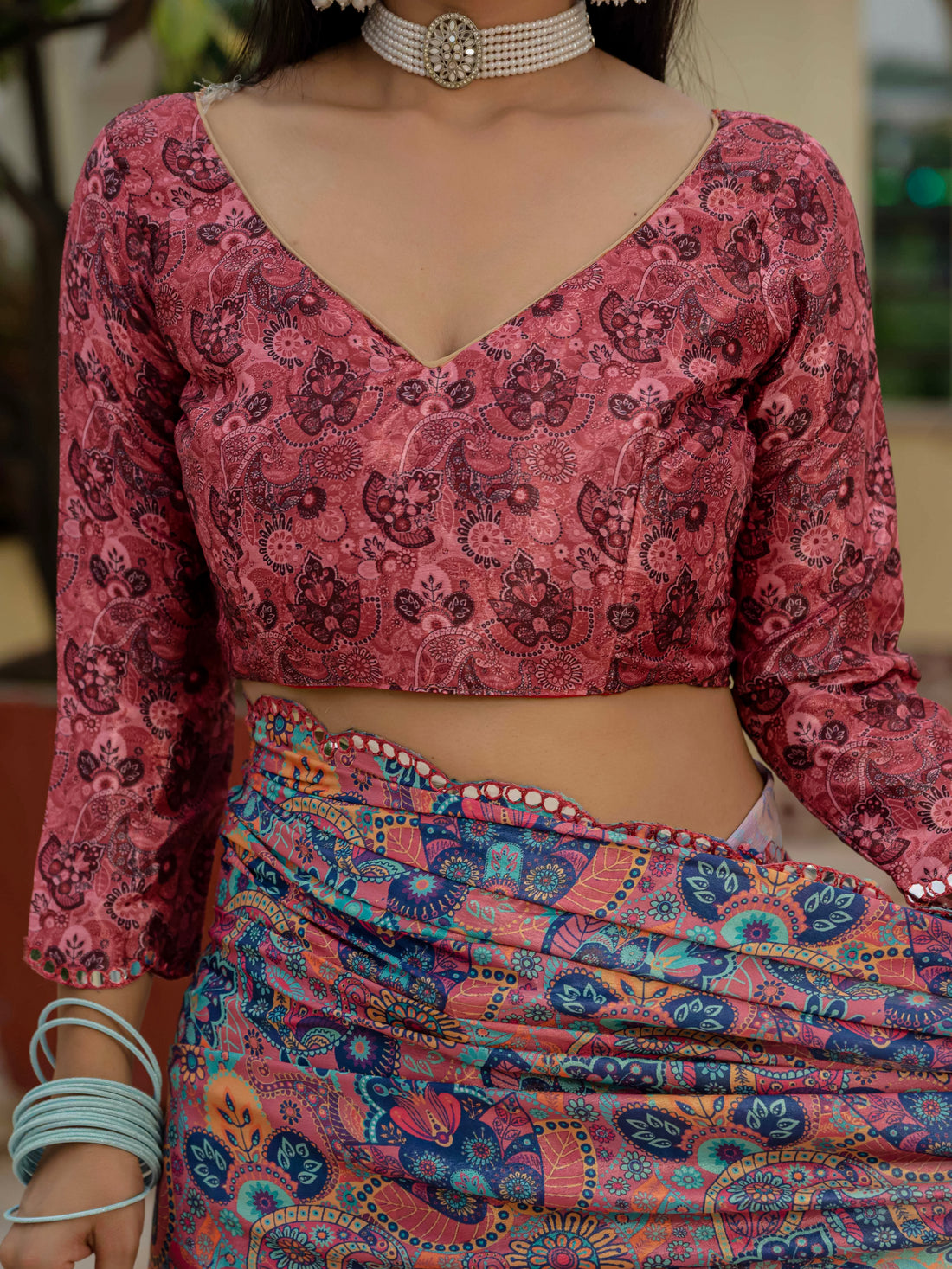 Coral Floral Paisley Chinnon Ready To Wear Saree by for Women