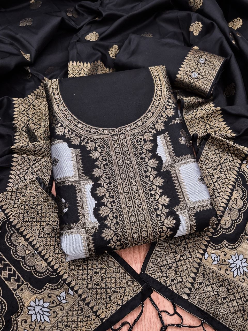 Black Paithani Style Zari Woven Unstitched Suit Material for Women