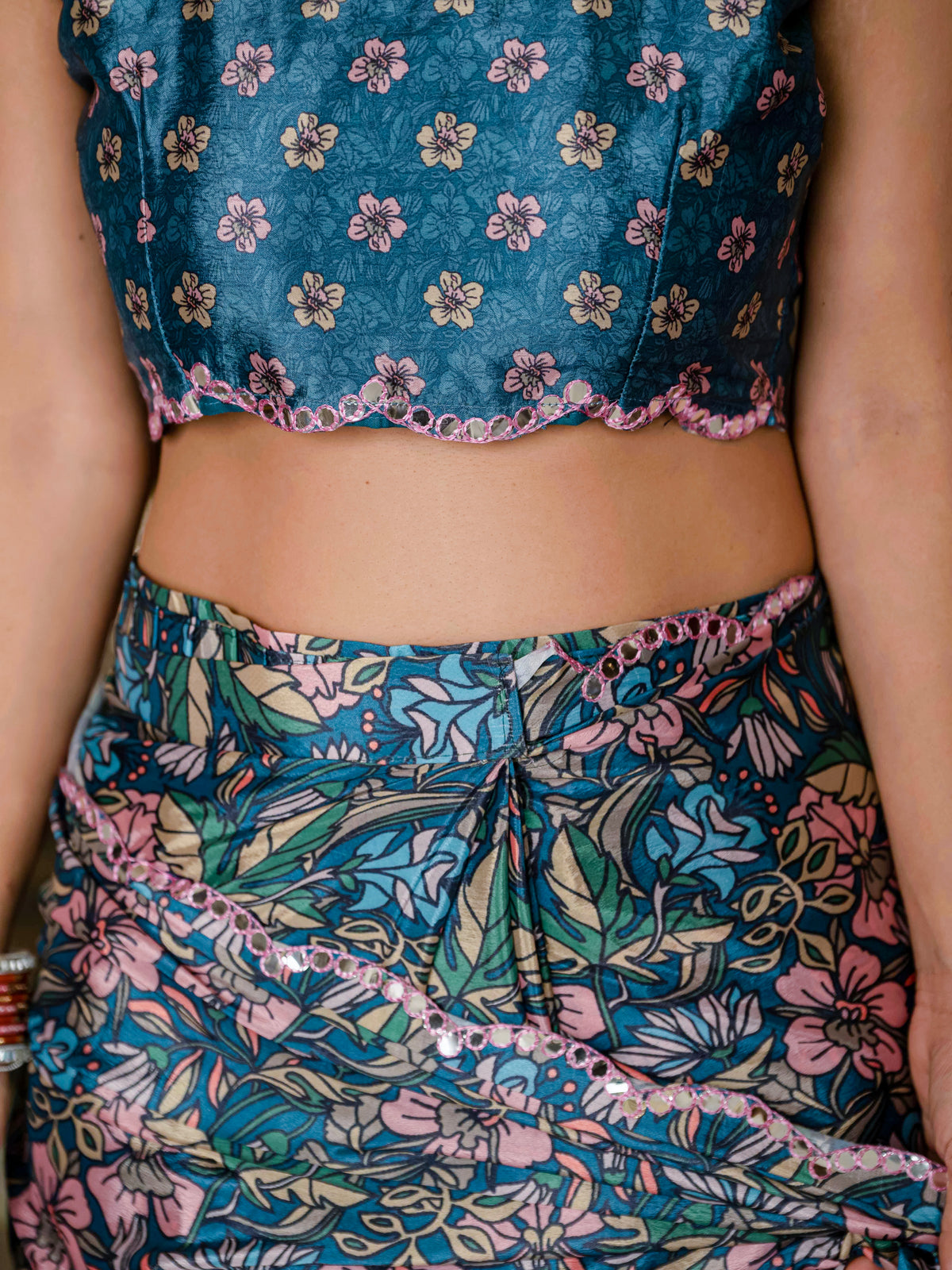 Blue Floral Chinnon Ready To Wear Saree with Mirror Lace for Women