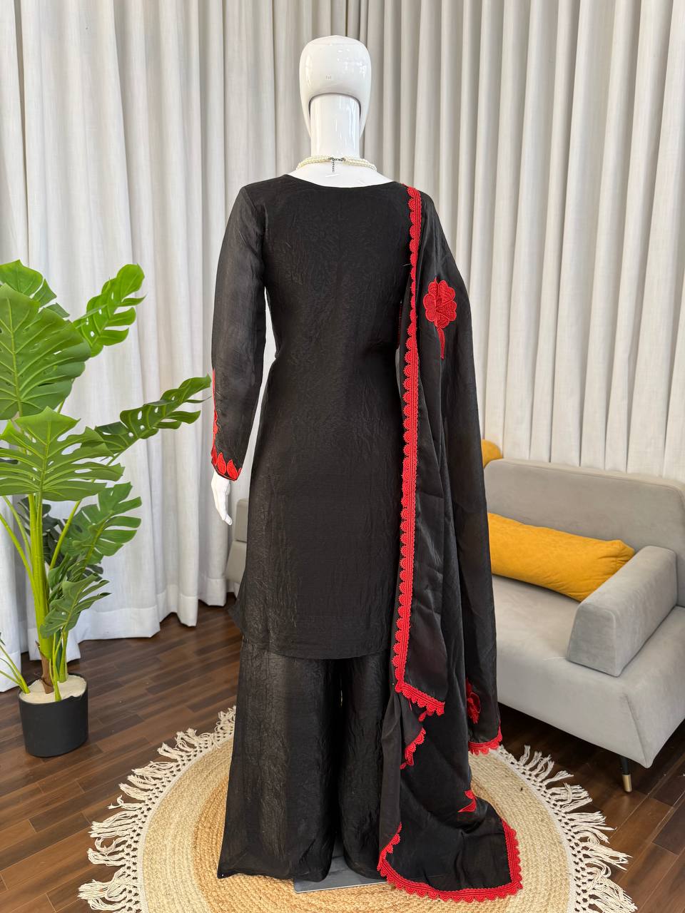 Black Red Fendy Silk 3 Piece Readymade Salwar Suit Set for Women