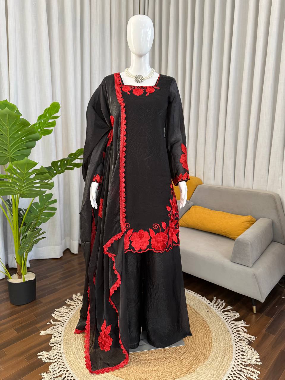 Black Red Fendy Silk 3 Piece Readymade Salwar Suit Set for Women