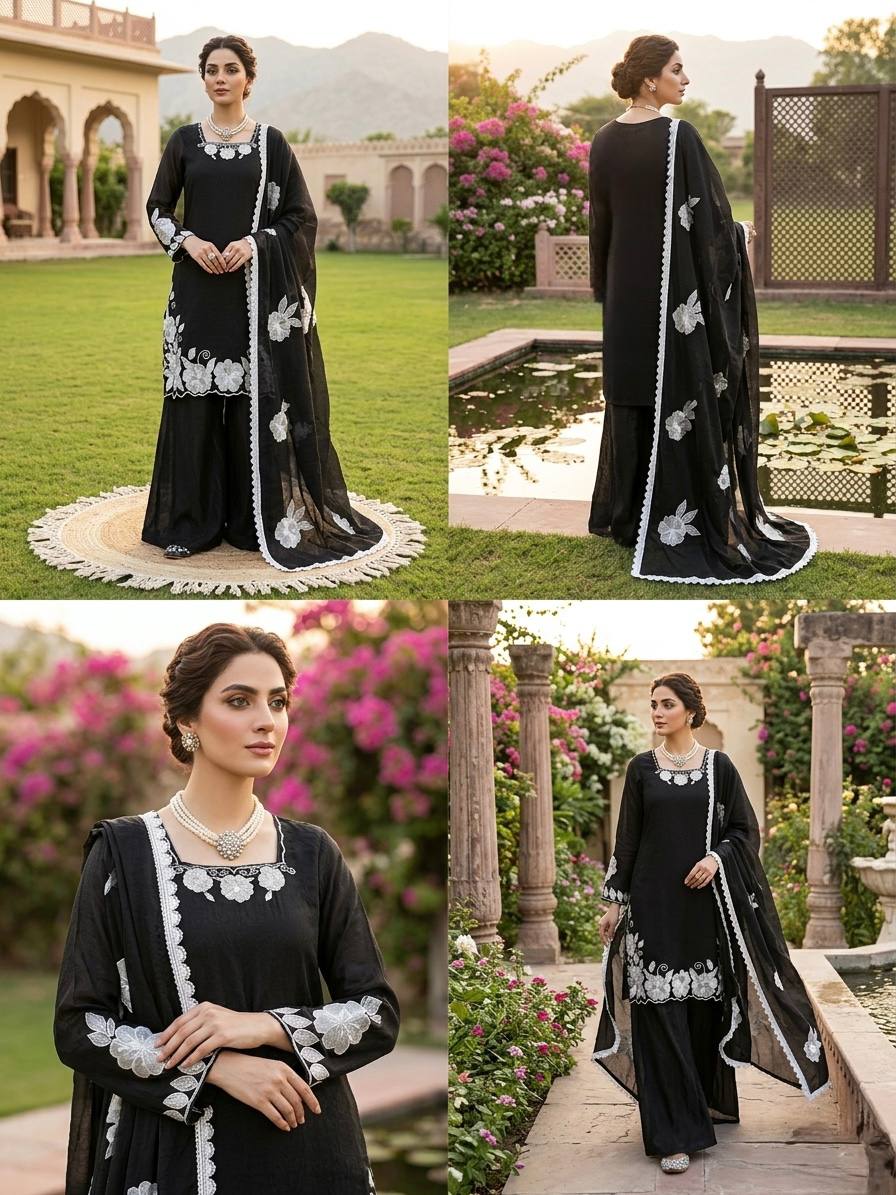 Black White Floral Embroidered Readymade Salwar Suit for Women