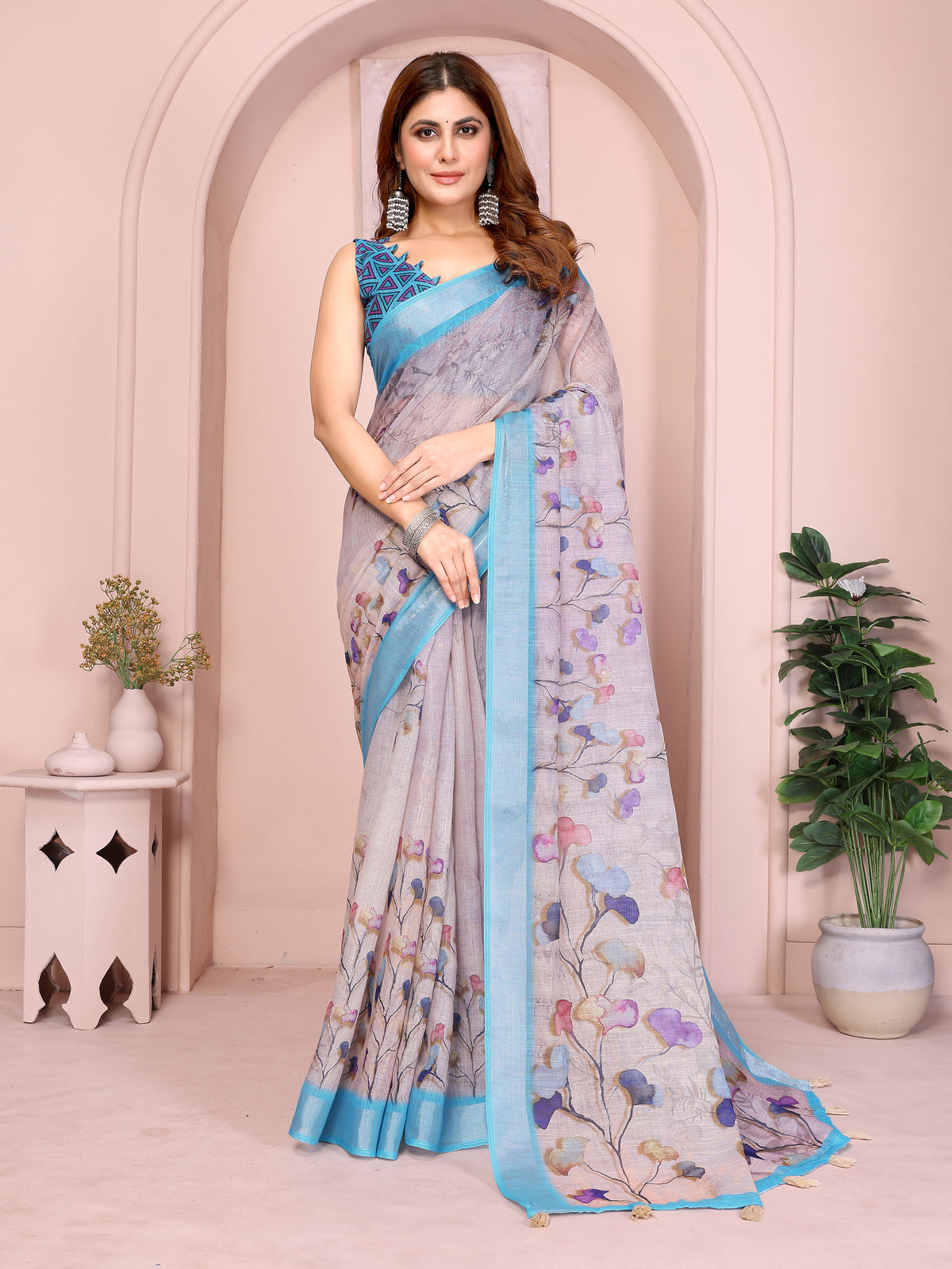 Pastel Linen Cotton Floral Print Saree with Designer Blouse for Women