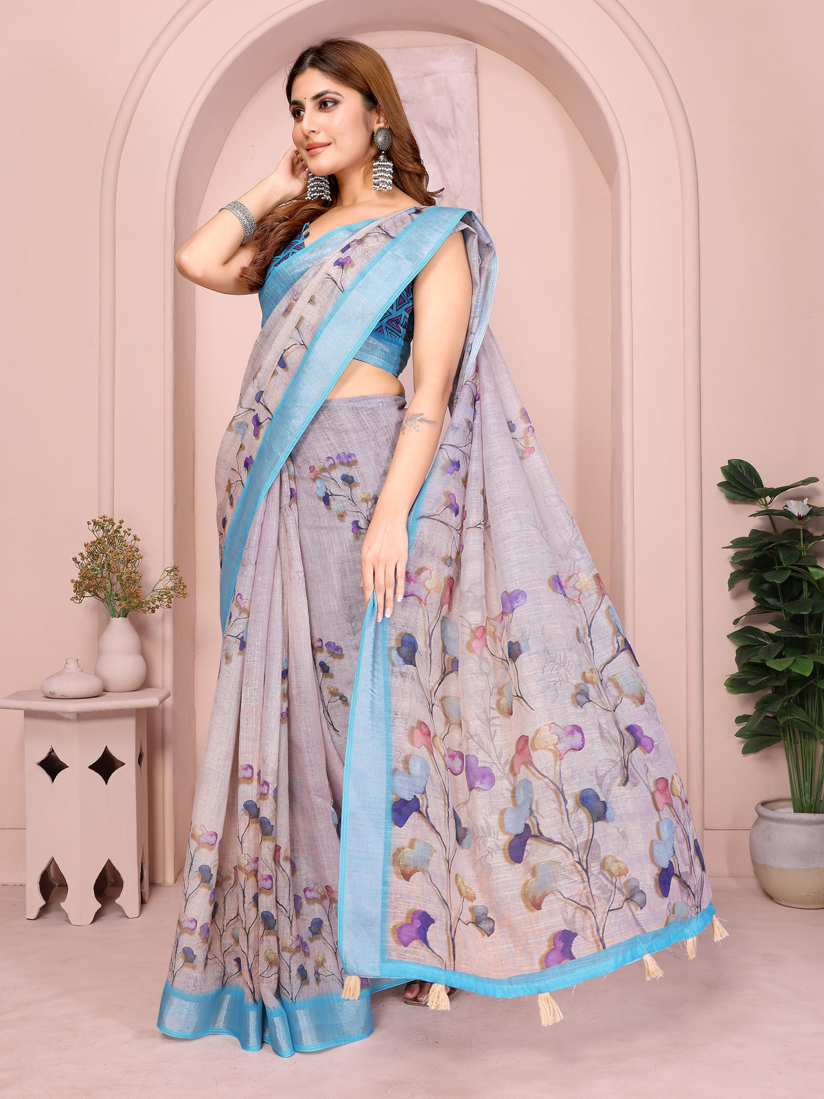 Pastel Linen Cotton Floral Print Saree with Designer Blouse for Women