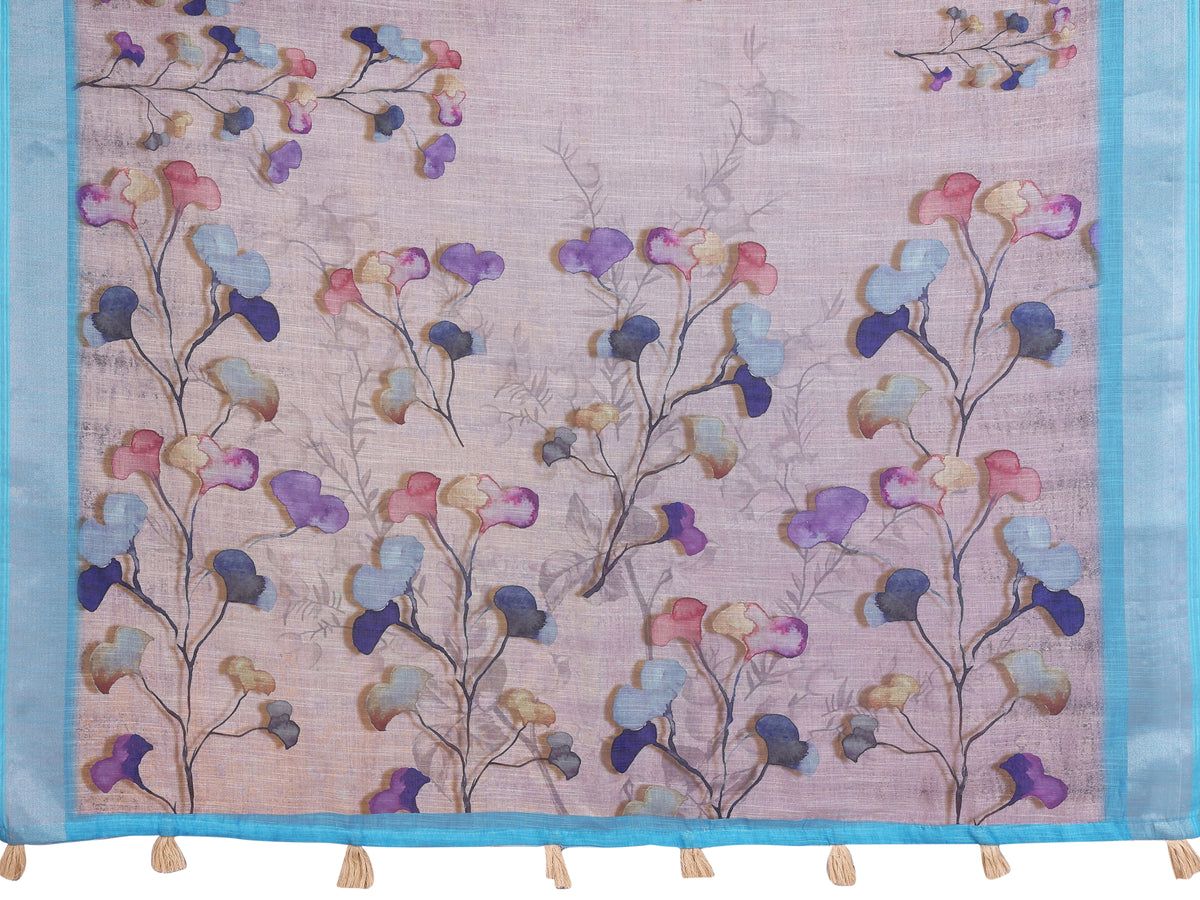 Pastel Linen Cotton Floral Print Saree with Designer Blouse for Women