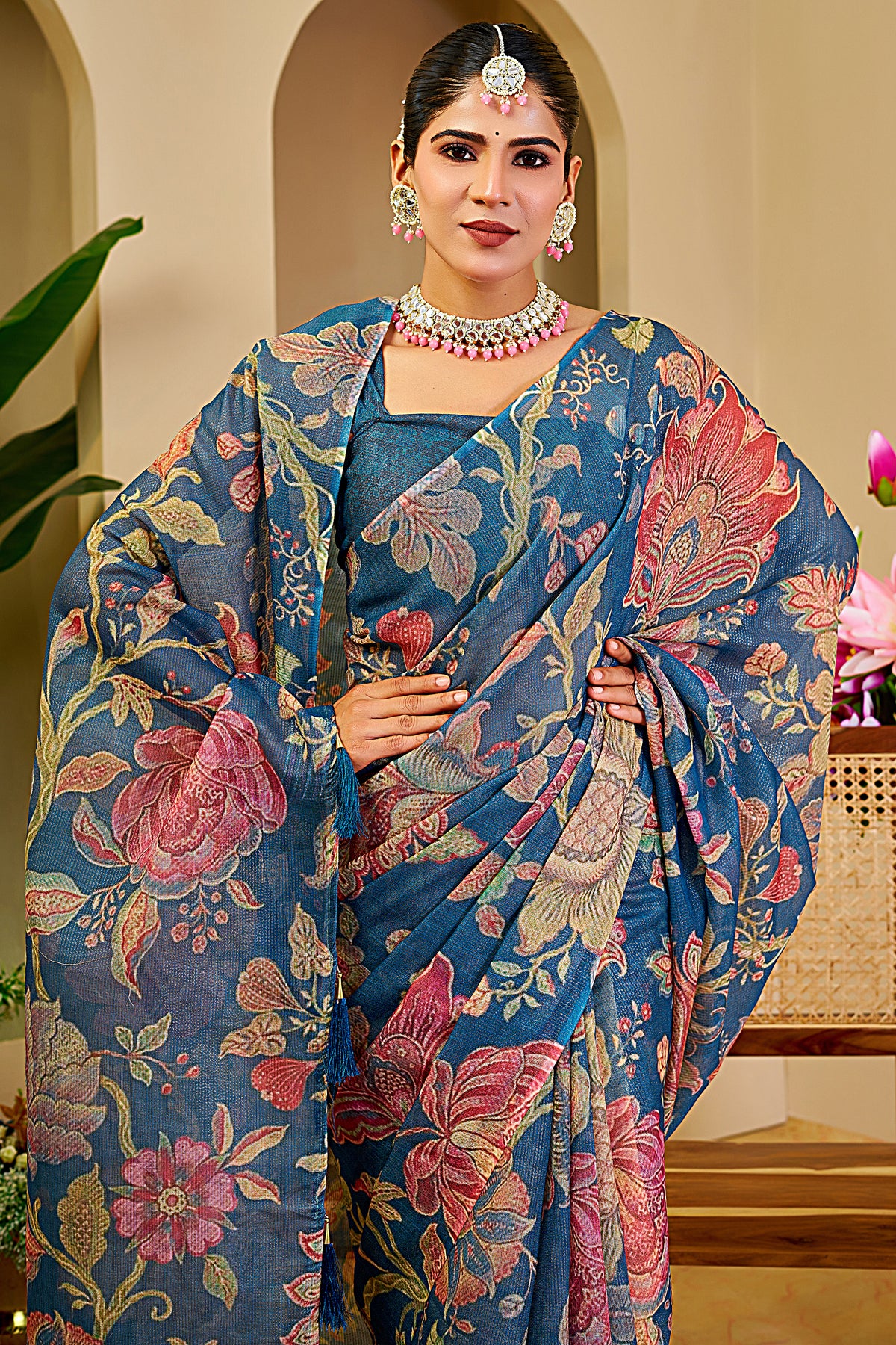 Blue Tissue Handloom Cotton Saree with Floral Digital Print for Women