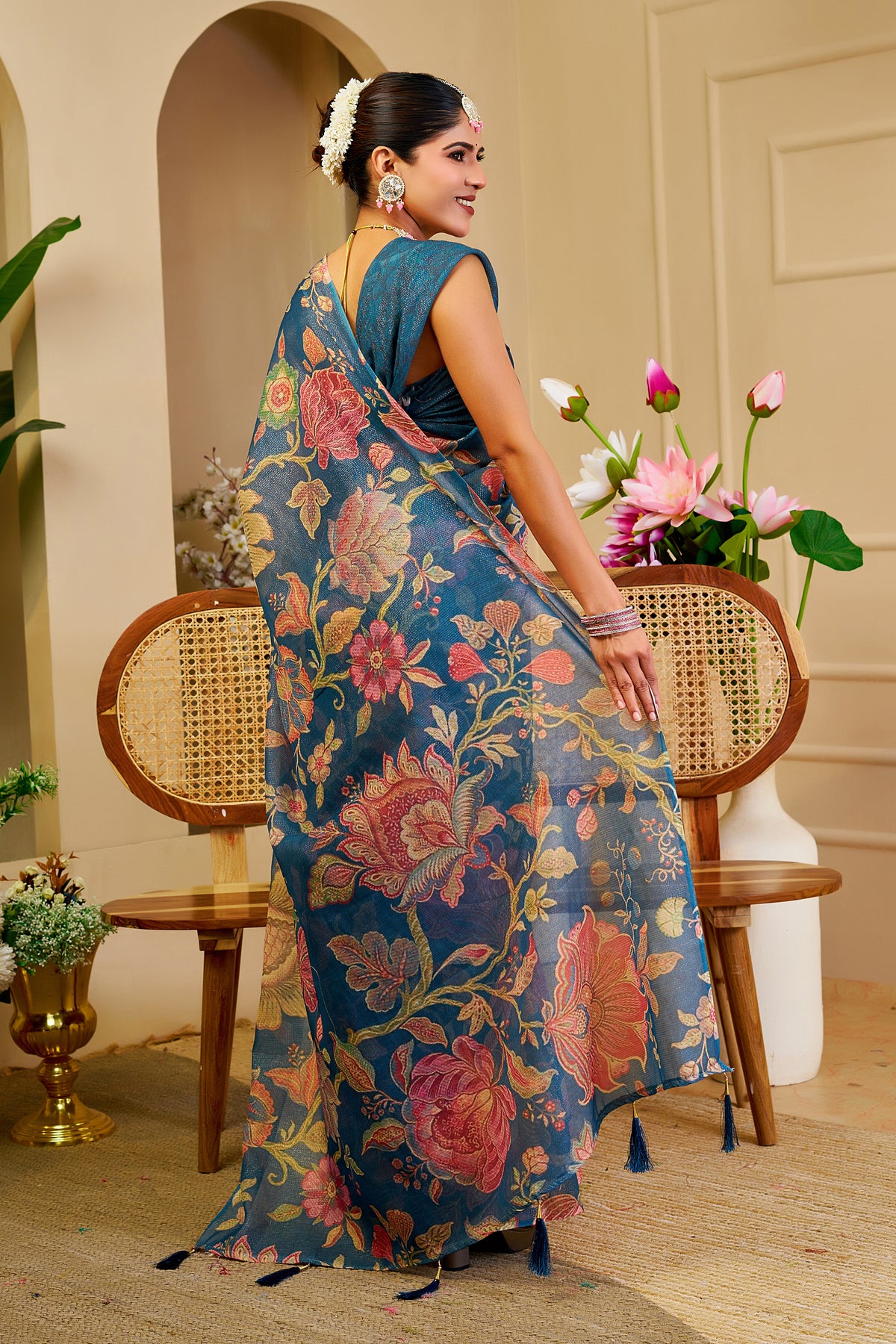 Blue Tissue Handloom Cotton Saree with Floral Digital Print for Women