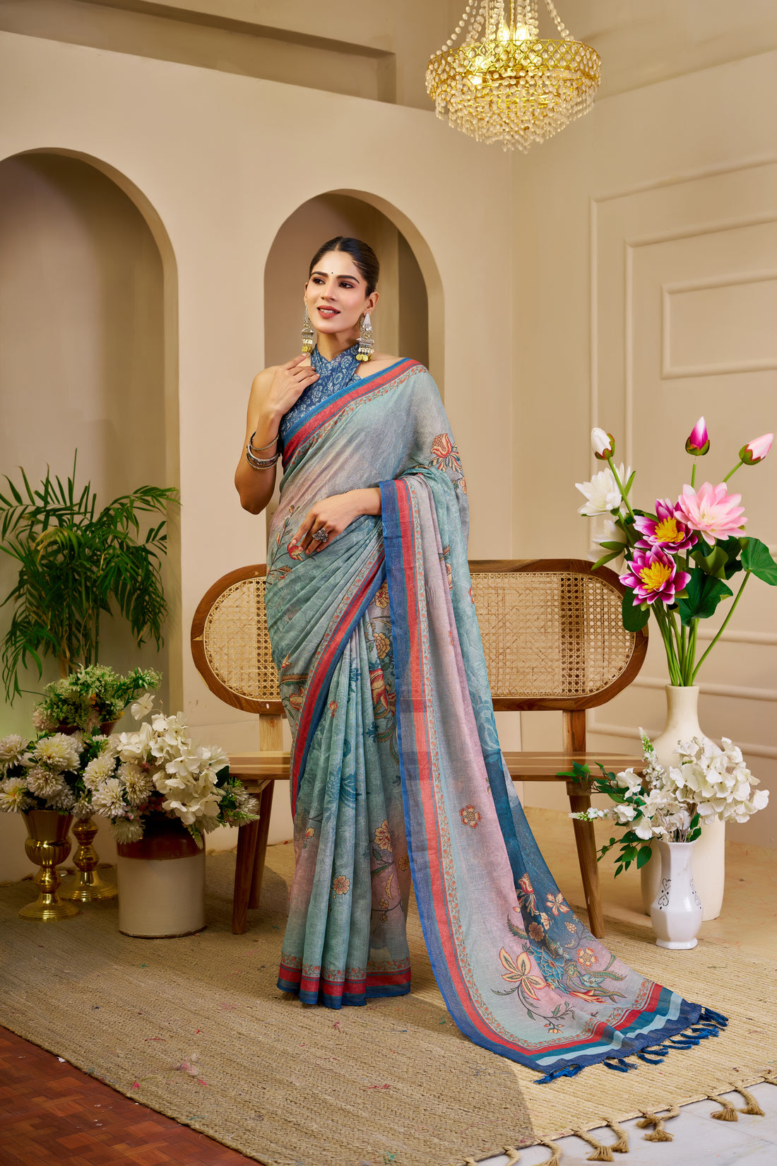 Sky Blue Tissue Handloom Cotton Saree with Floral Print for Women