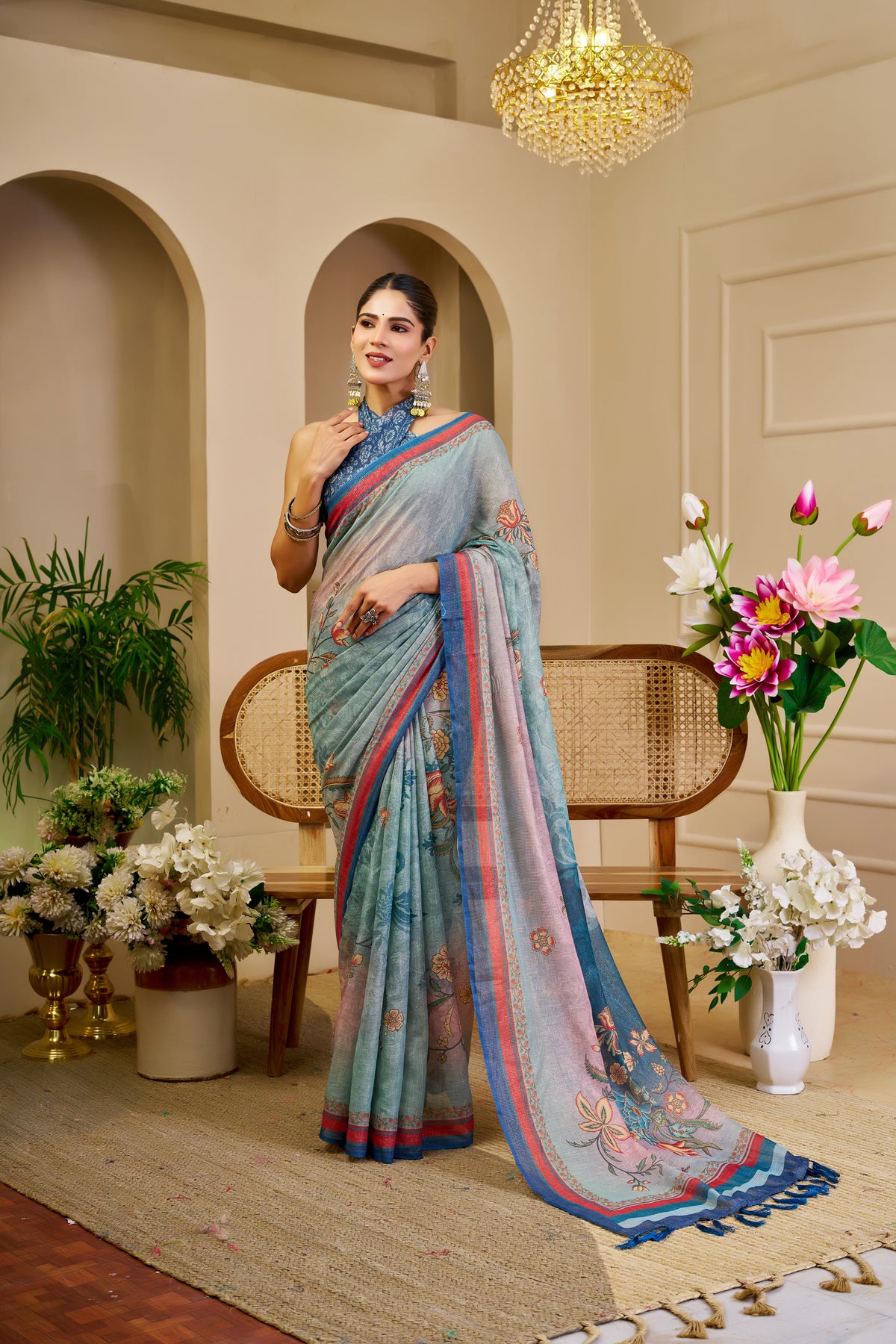 Sky Blue Tissue Handloom Cotton Saree with Floral Print for Women