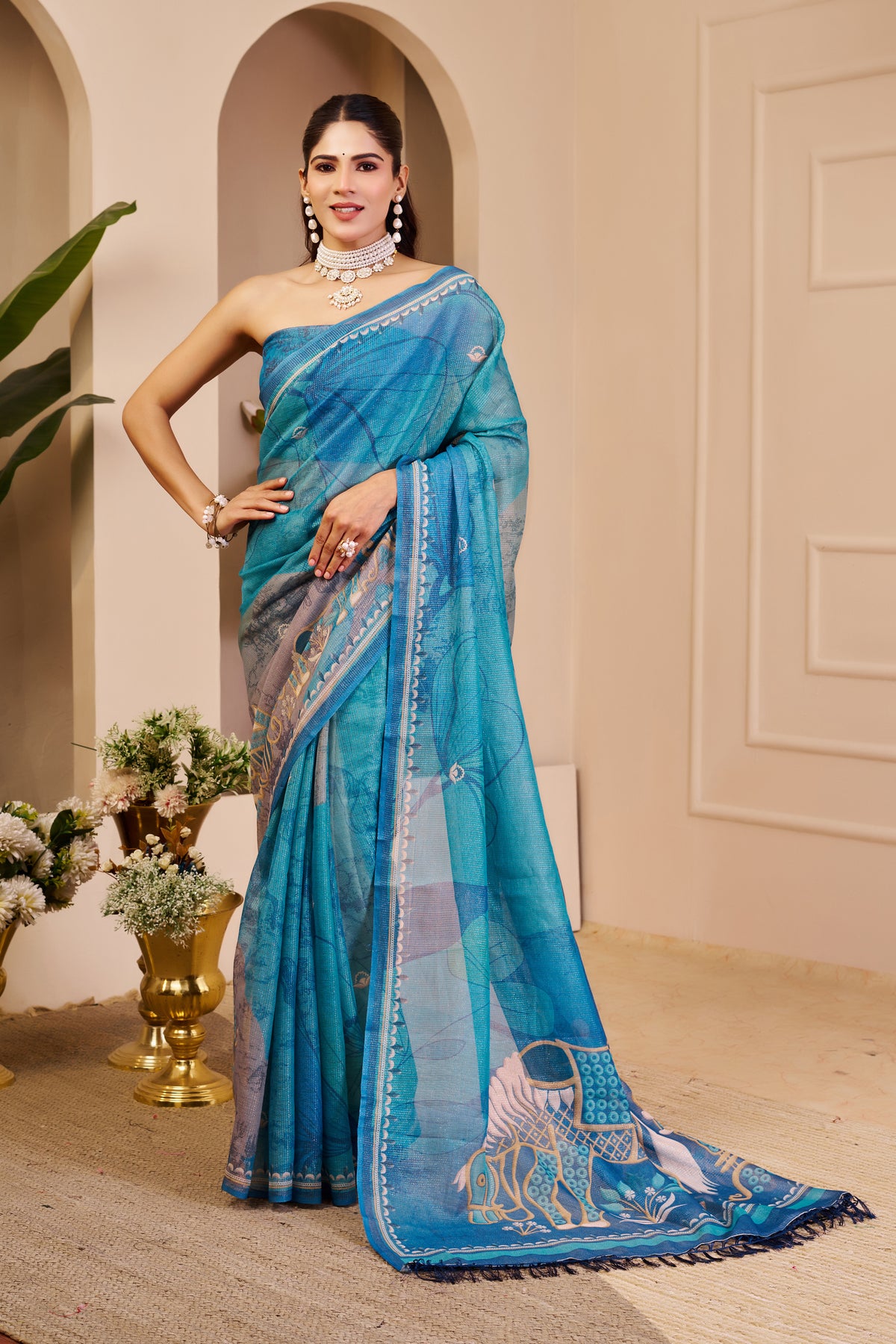Blue Tissue Handloom Cotton Saree with Floral Print for Women 2