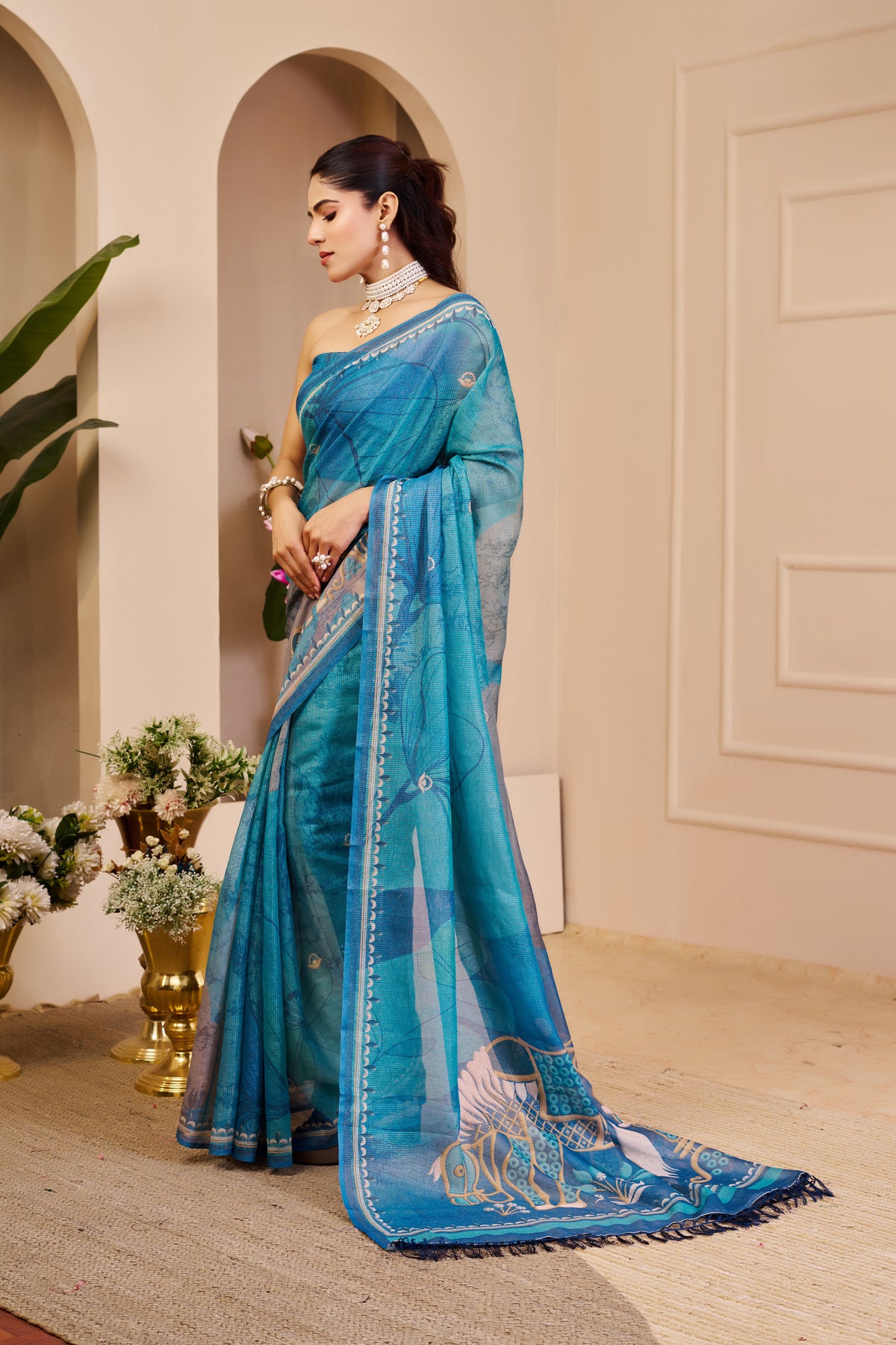 Blue Tissue Handloom Cotton Saree with Floral Print for Women 2