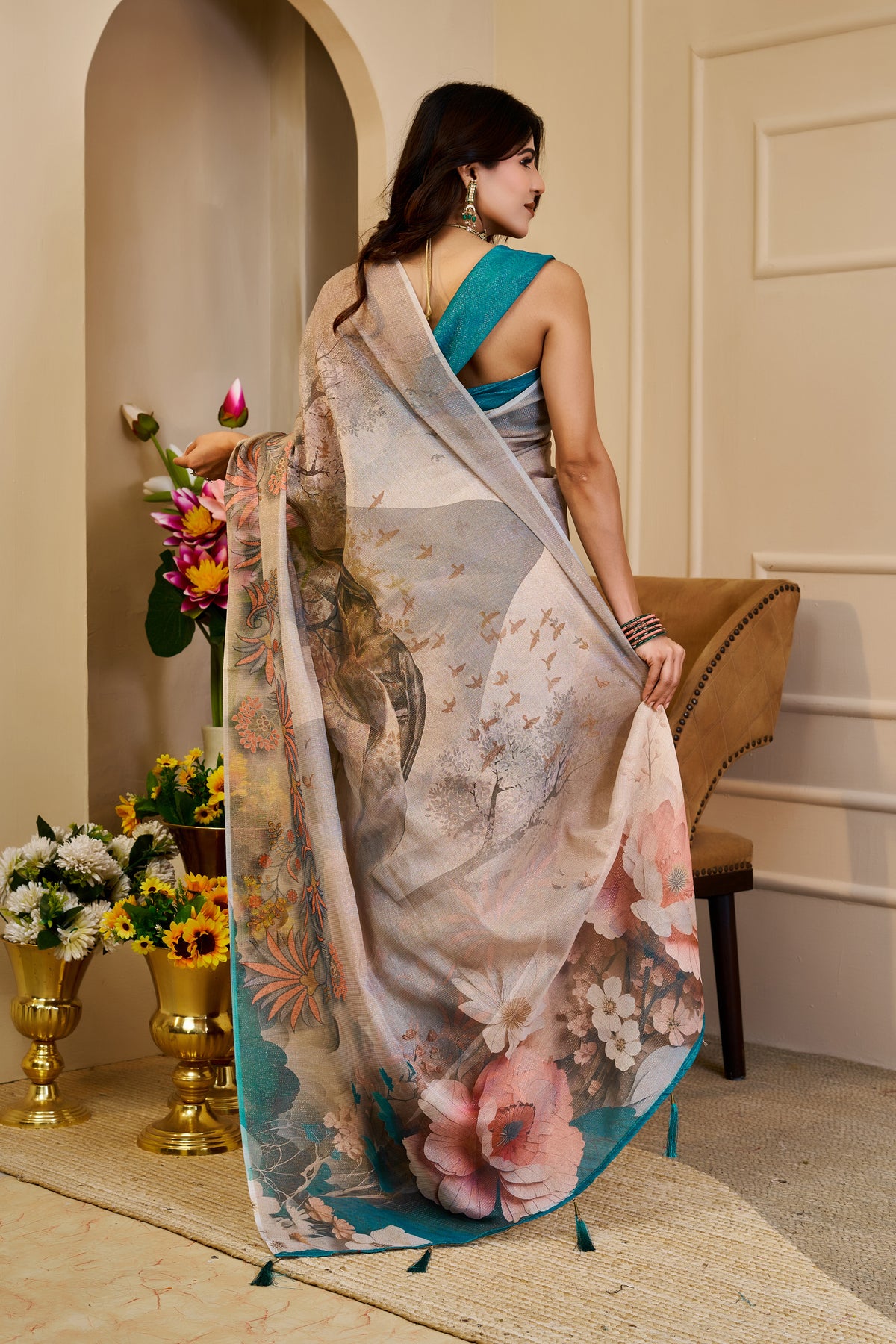 Cream Tissue Handloom Cotton Saree with Floral Zari Shimmer for Women