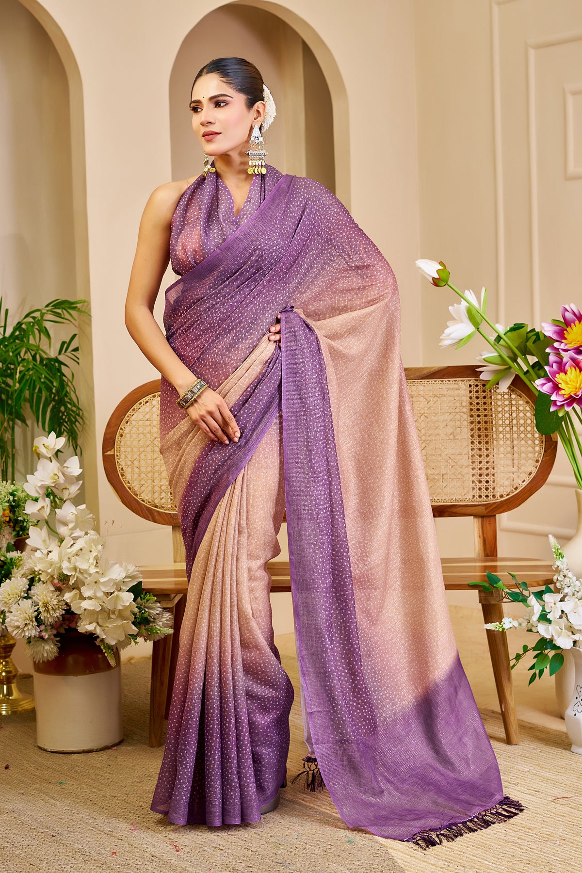 Purple Peach Tissue Handloom Cotton Saree with Zari Work for Women