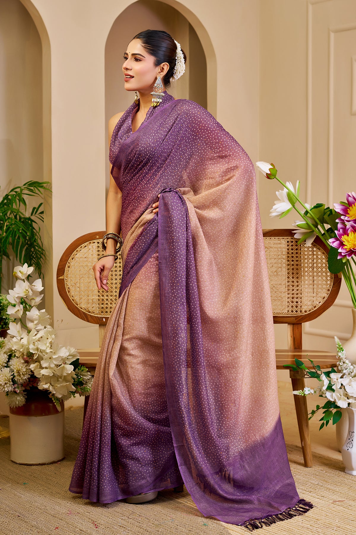 Purple Peach Tissue Handloom Cotton Saree with Zari Work for Women