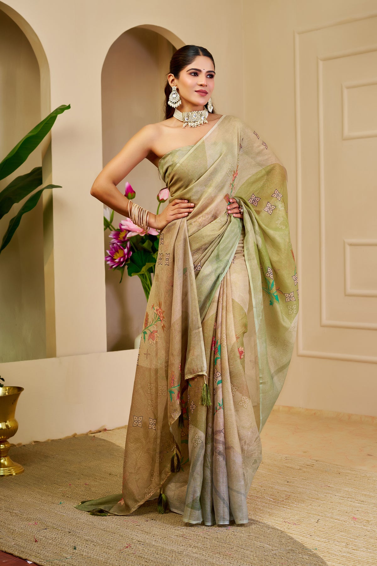 Cream Green Tissue Handloom Cotton Saree with Floral Print for Women