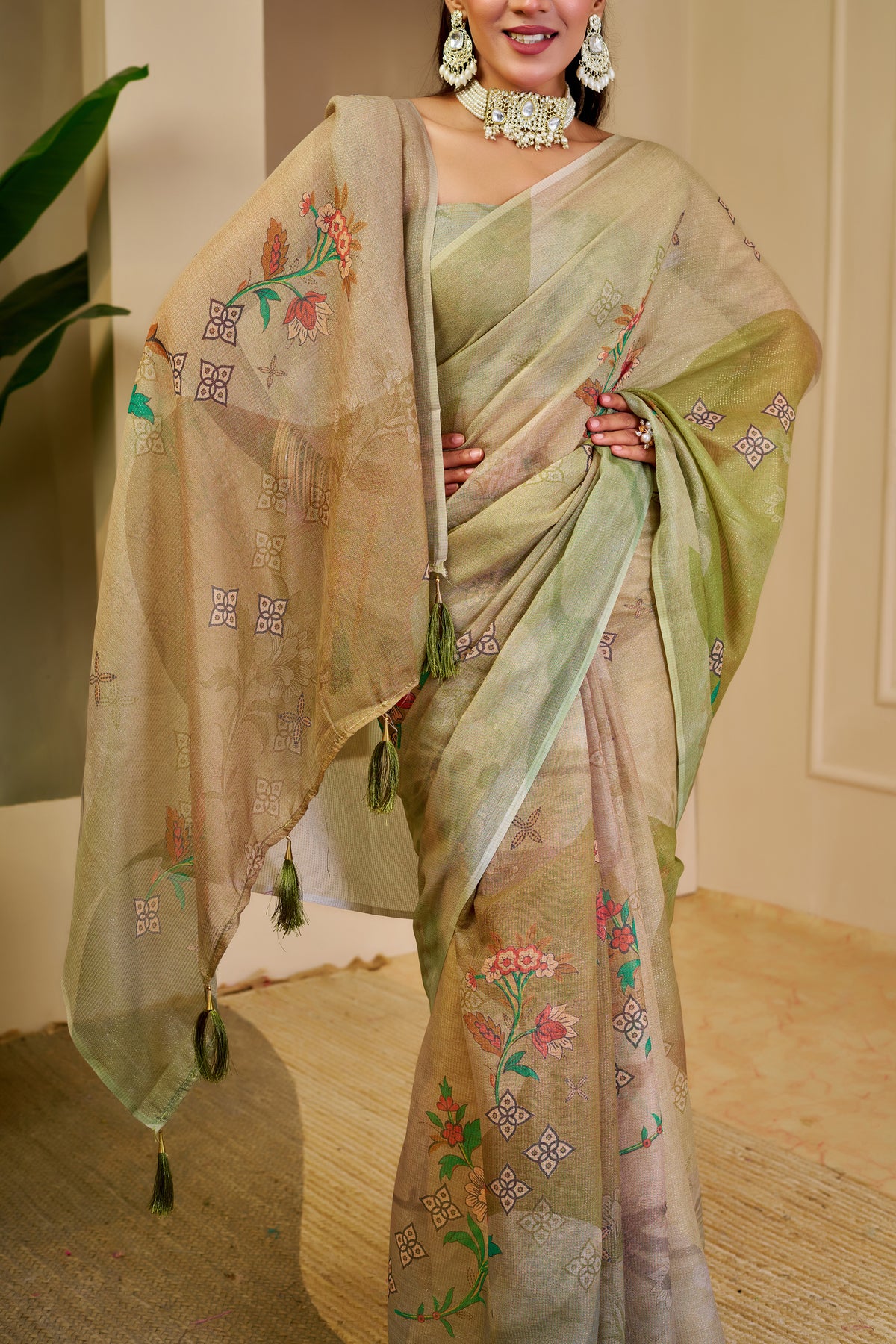 Cream Green Tissue Handloom Cotton Saree with Floral Print for Women