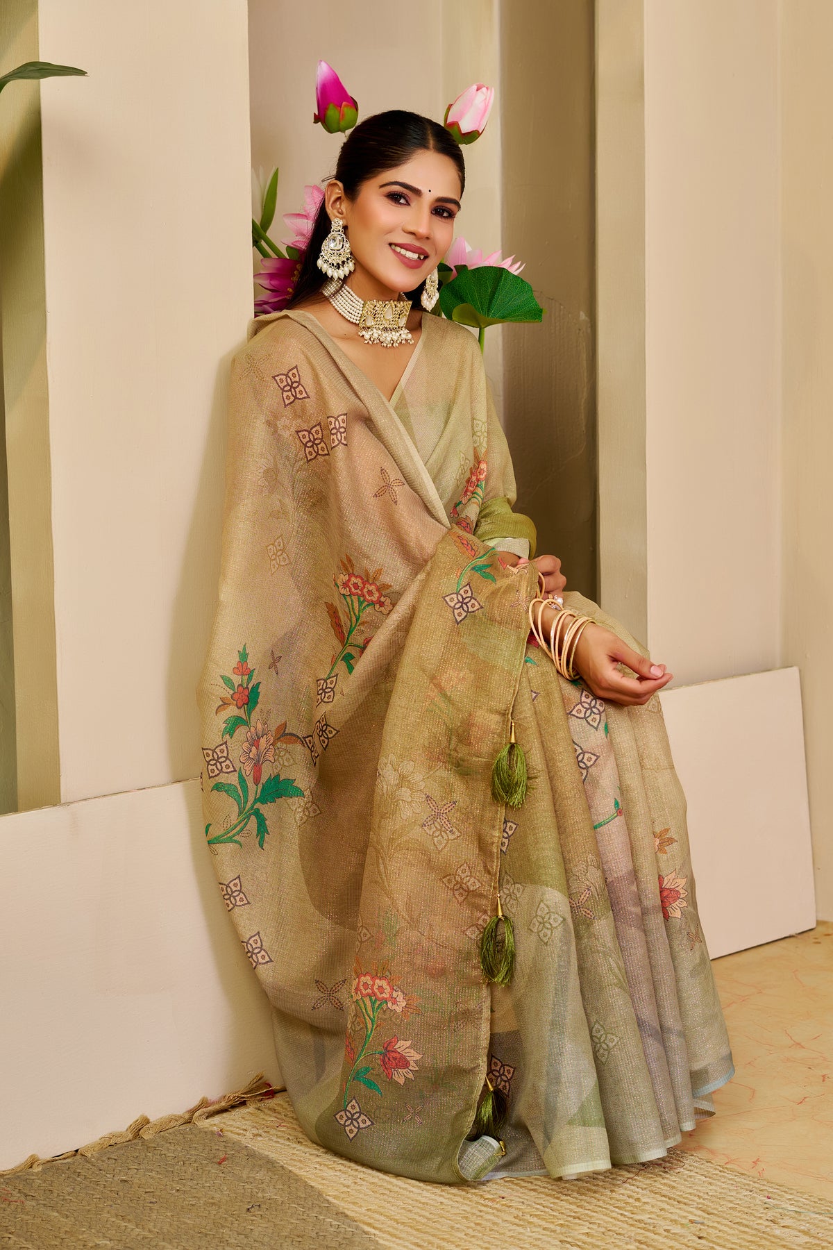 Cream Green Tissue Handloom Cotton Saree with Floral Print for Women