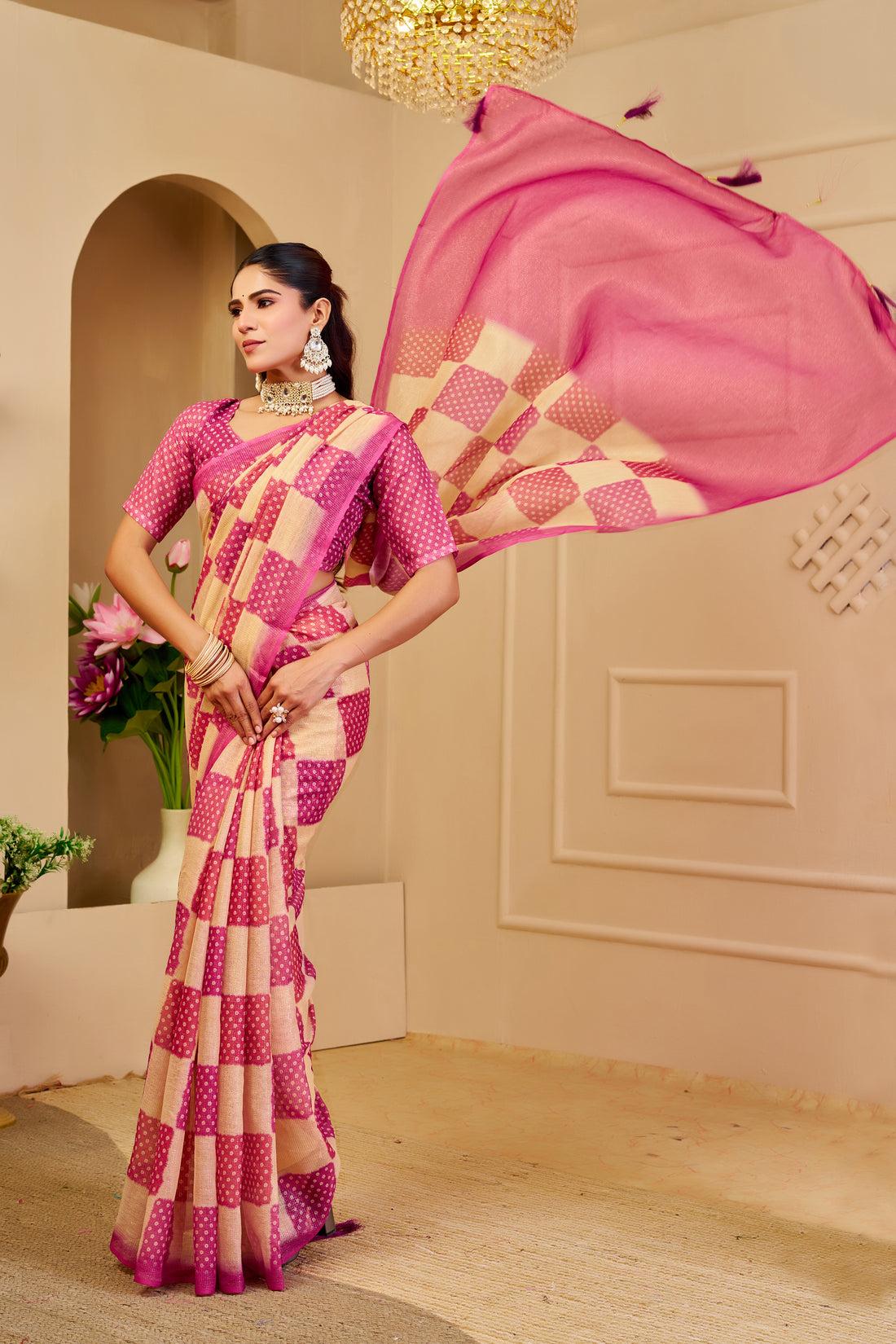 Cream Pink Tissue Handloom Cotton Saree with Zari for Women