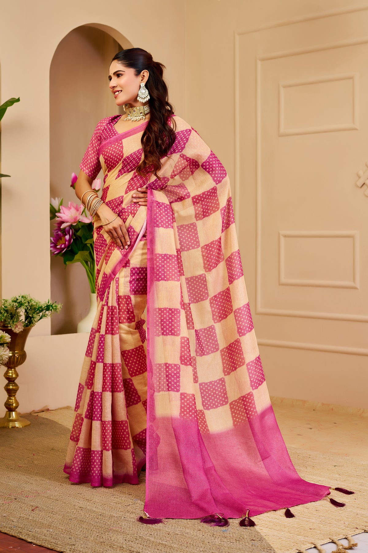 Cream Pink Tissue Handloom Cotton Saree with Zari for Women