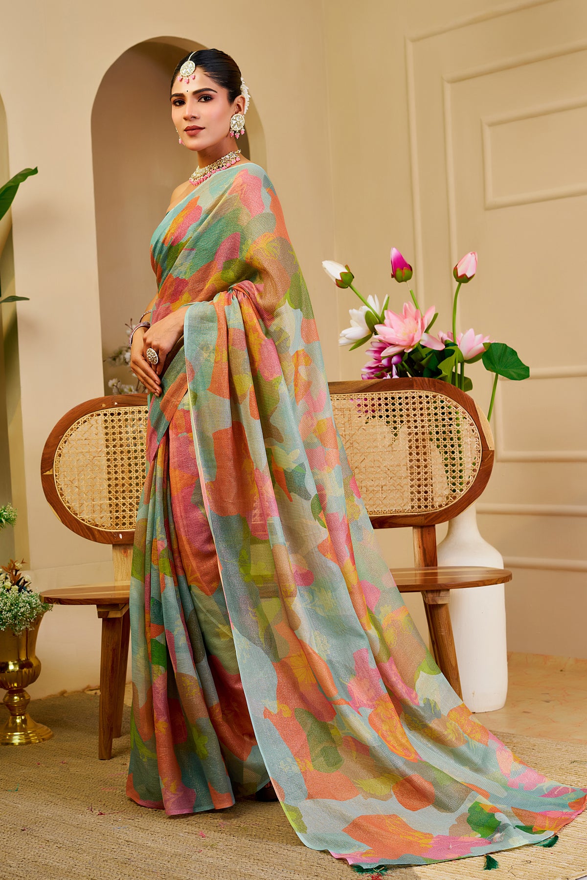 Pastel Floral Tissue Handloom Cotton Saree with Zari Weaves for Women