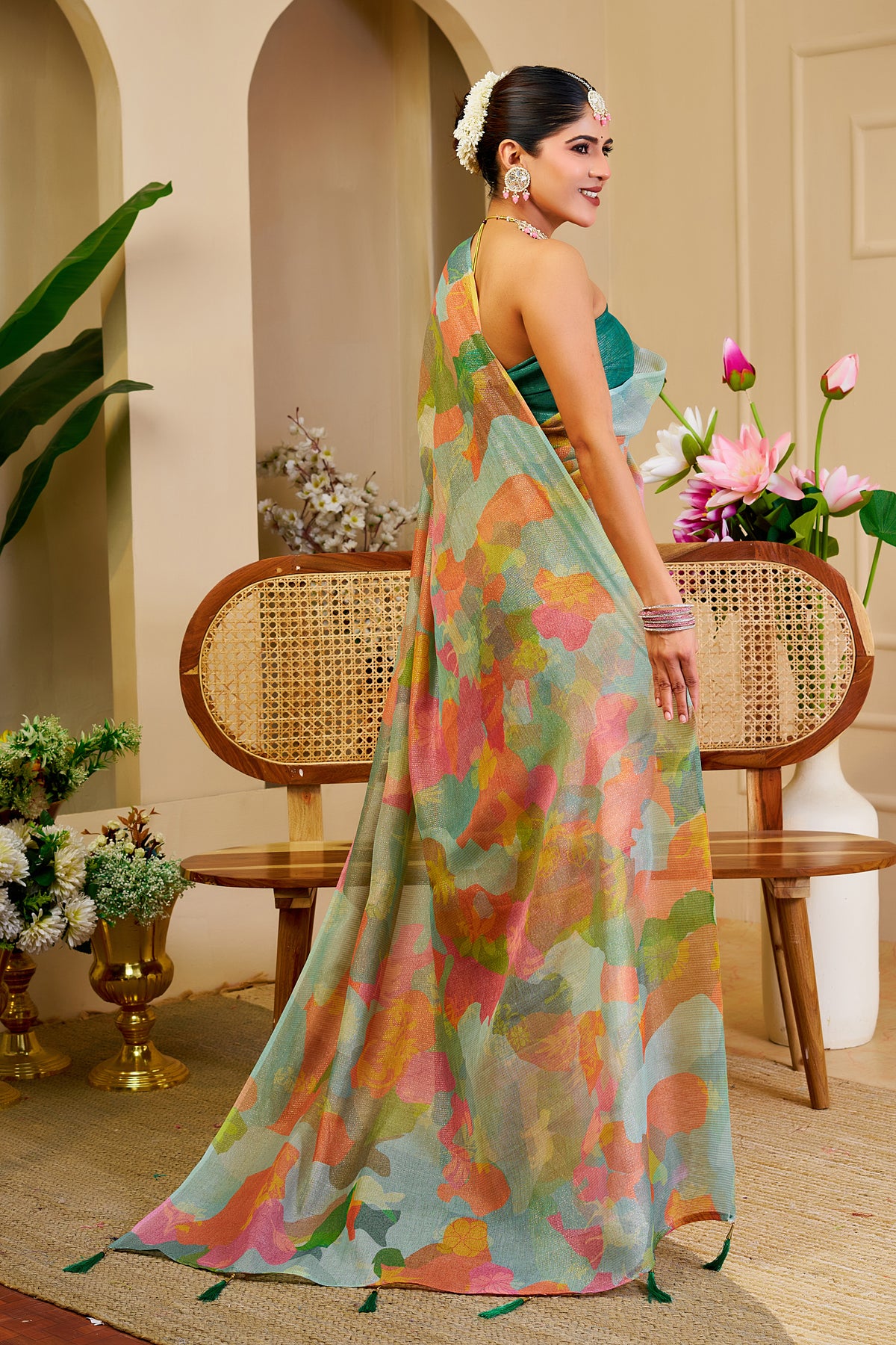 Pastel Floral Tissue Handloom Cotton Saree with Zari Weaves for Women