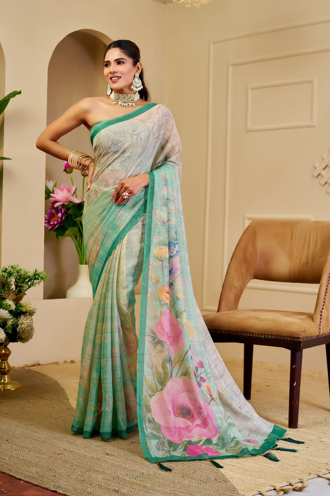 Cream Green Tissue Handloom Cotton Saree with Zari Details for Women