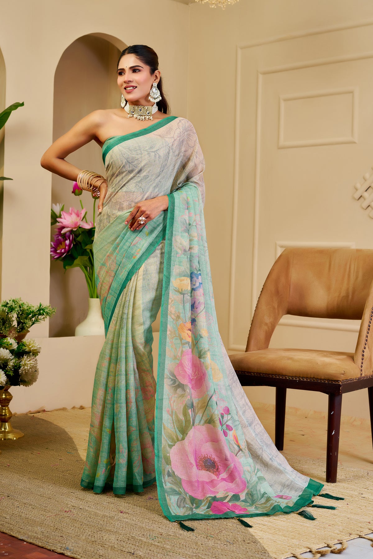 Cream Green Tissue Handloom Cotton Saree with Zari Details for Women
