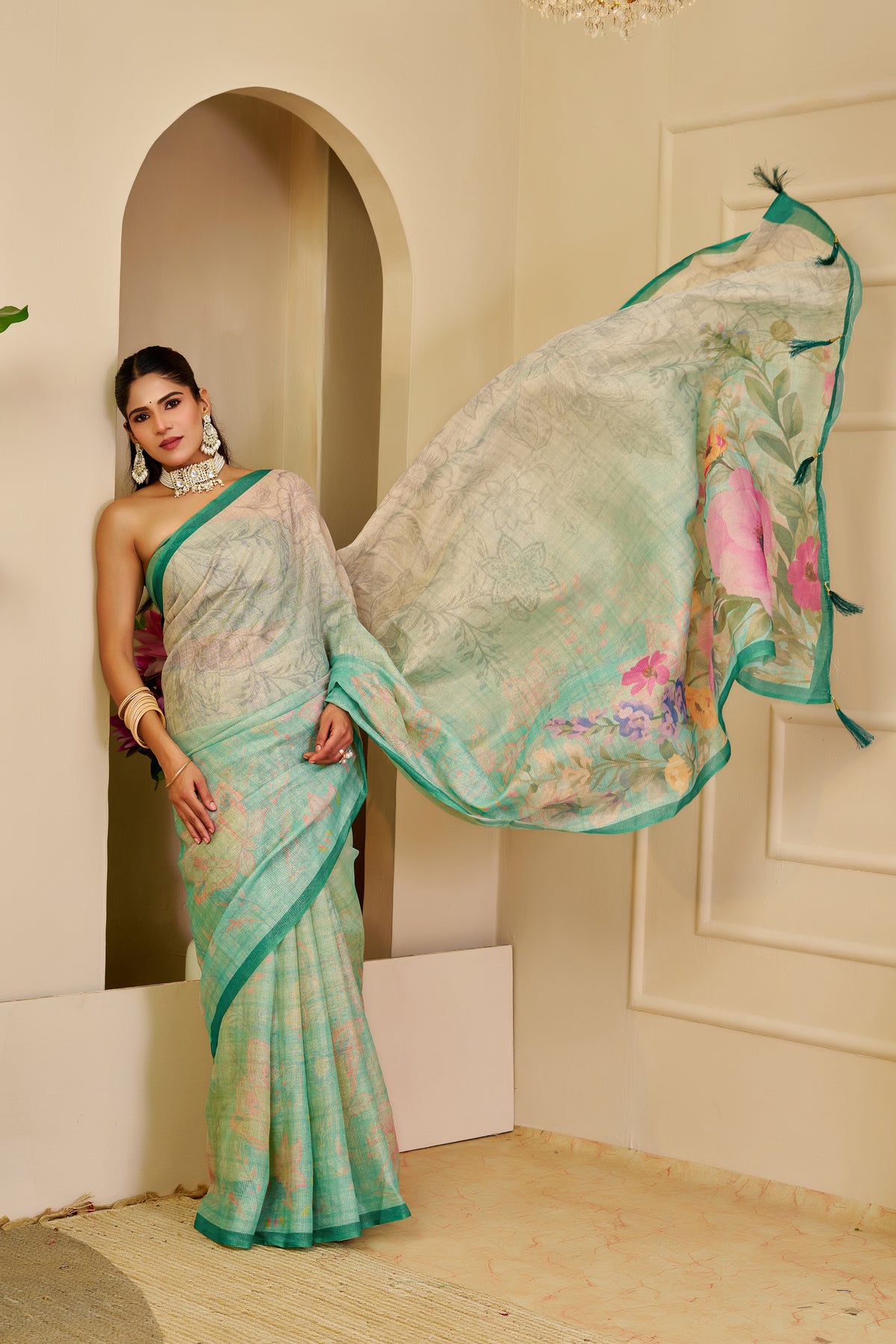 Cream Green Tissue Handloom Cotton Saree with Zari Details for Women