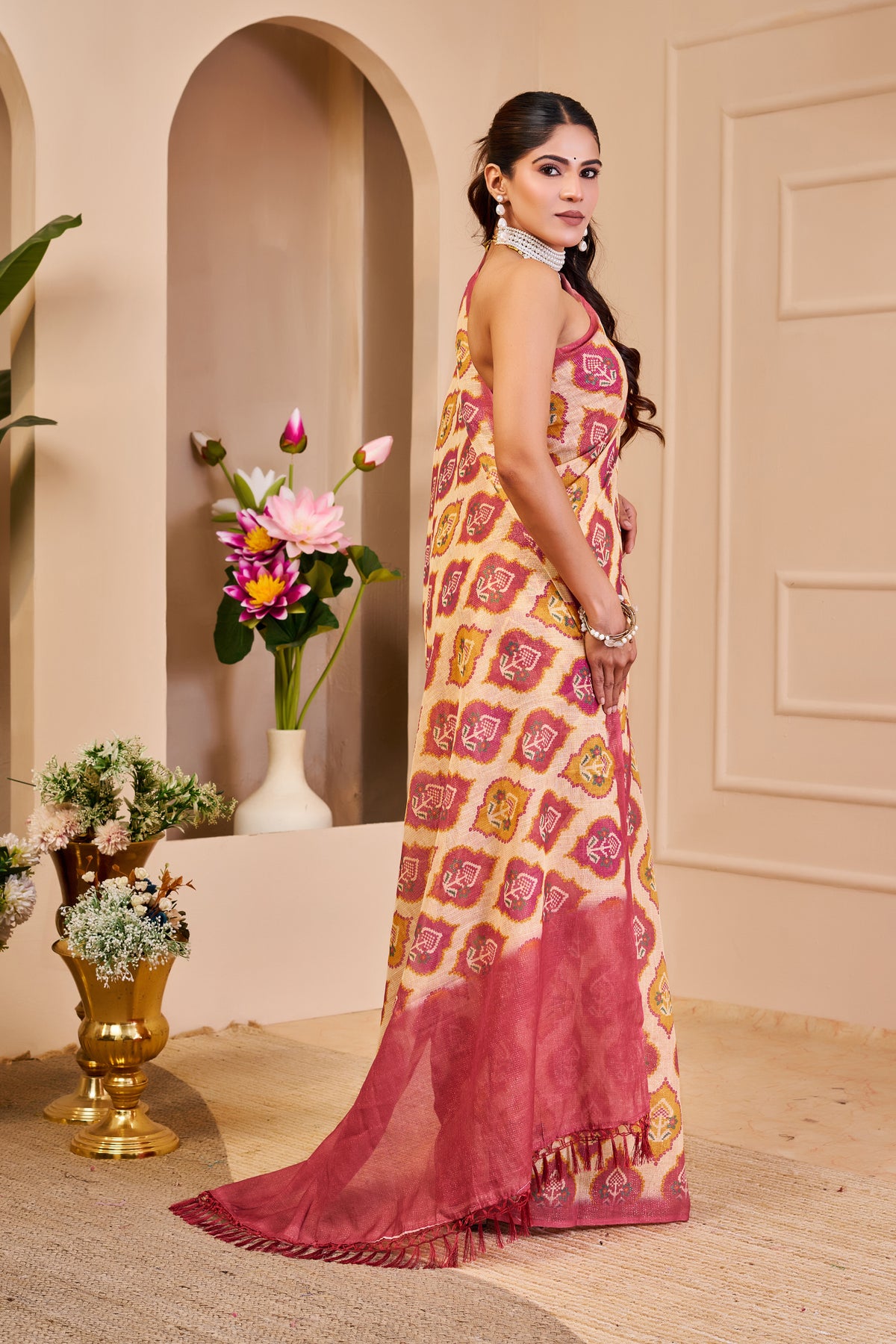 Cream Pink Tissue Handloom Cotton Saree With Zari Weave for Women