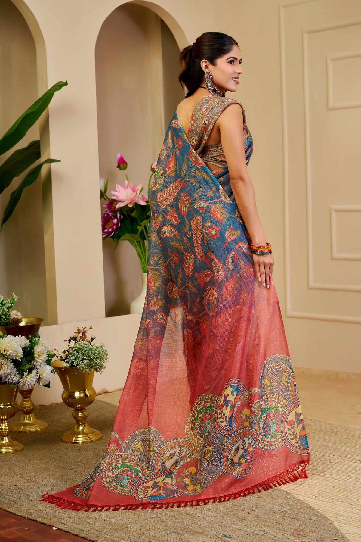Blue Tissue Handloom Cotton Saree with Zari Floral Print for Women