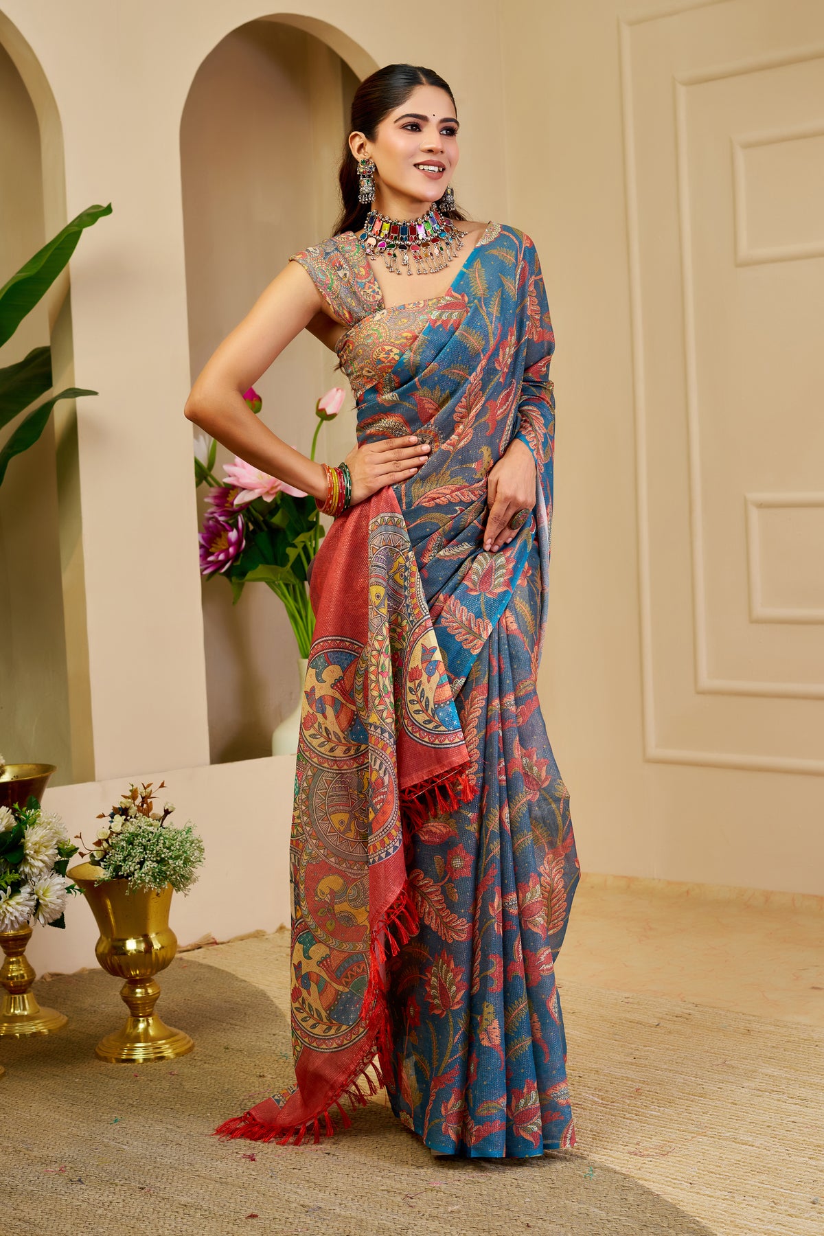 Blue Tissue Handloom Cotton Saree with Zari Floral Print for Women