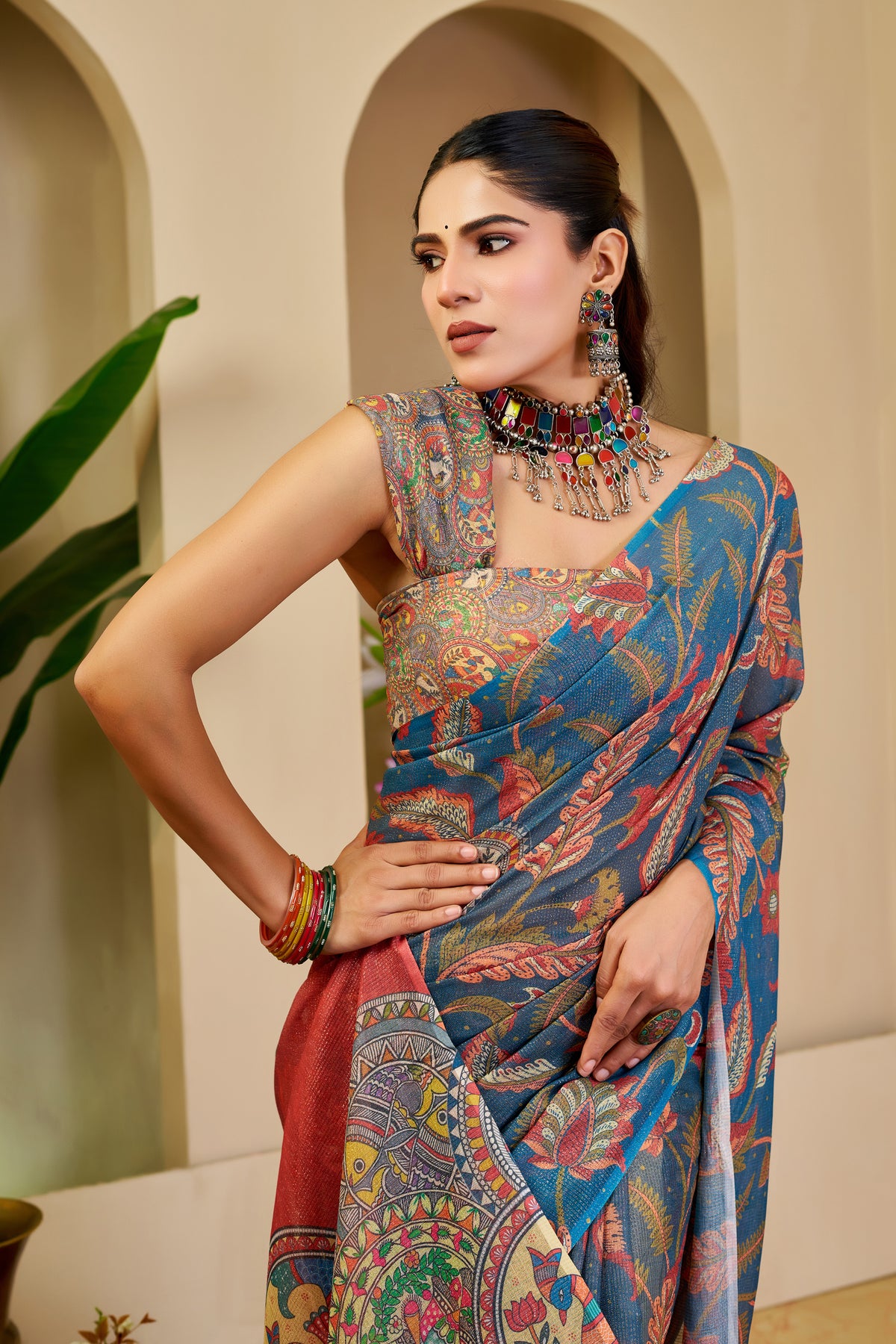 Blue Tissue Handloom Cotton Saree with Zari Floral Print for Women