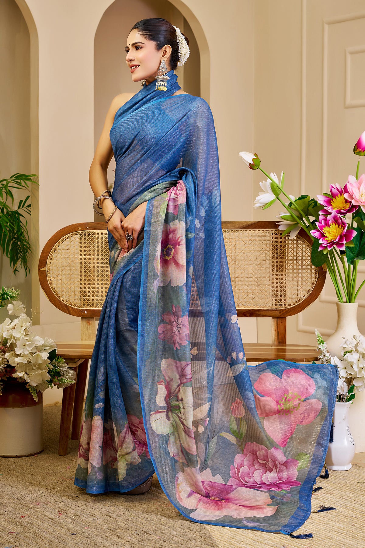 Blue Tissue Handloom Cotton Saree with Floral Digital Print & Zari