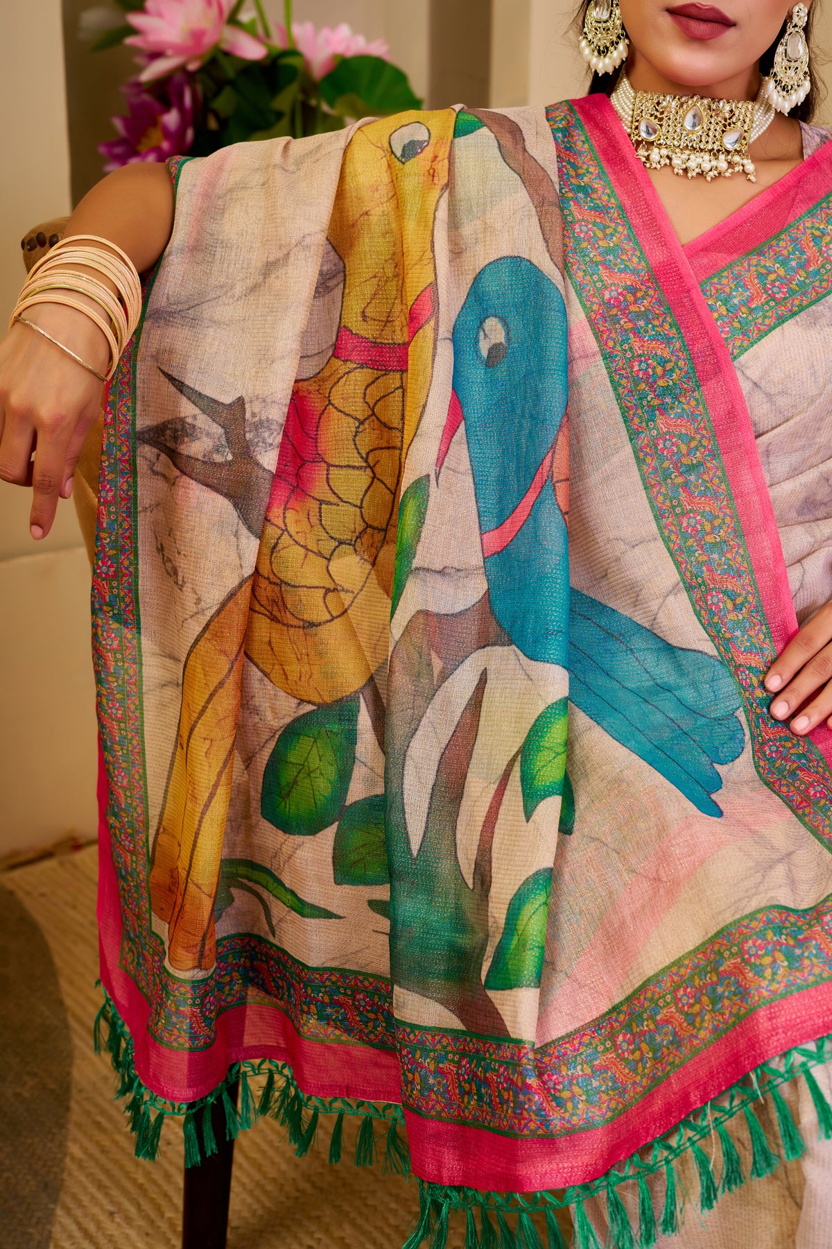 Cream Floral Tissue Handloom Cotton Saree with Zari Weaving for Women