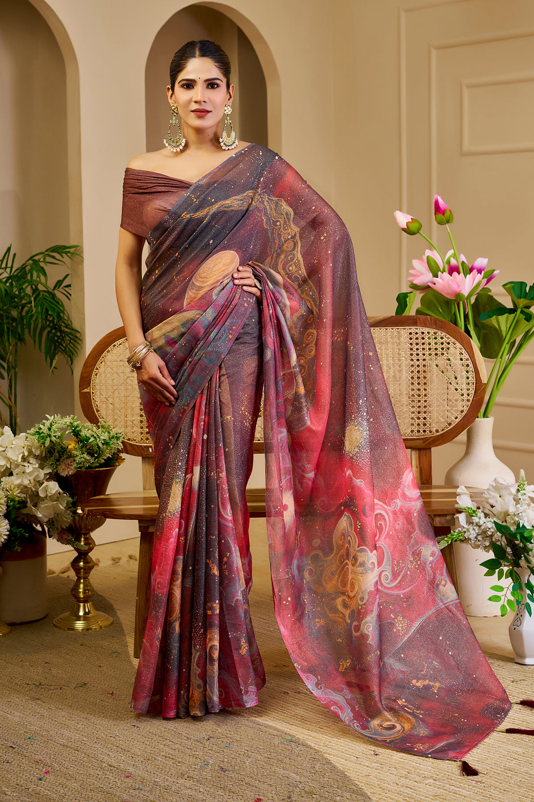 Wine Tissue Handloom Cotton Saree with Zari & Floral Prints for Women