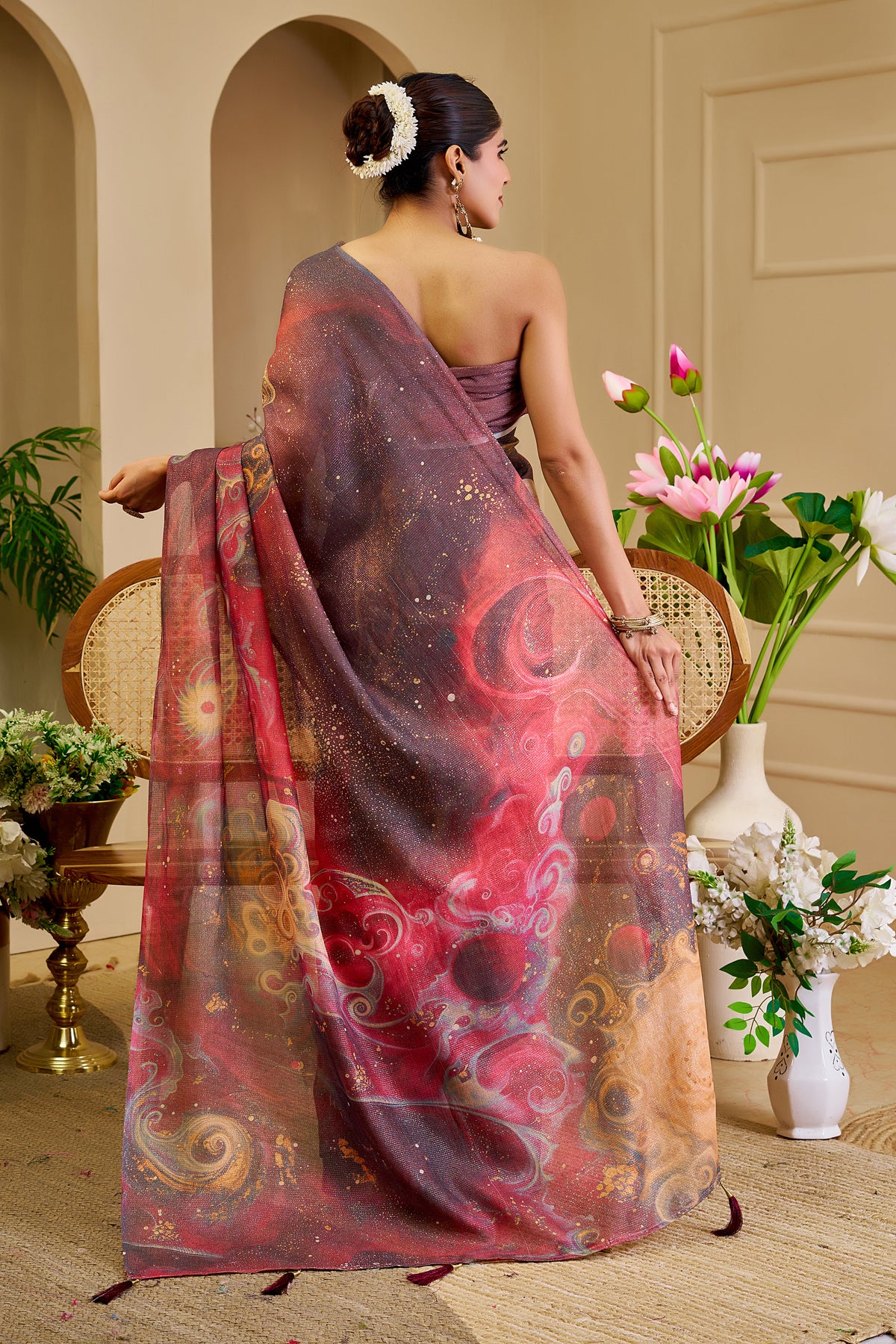 Wine Tissue Handloom Cotton Saree with Zari & Floral Prints for Women