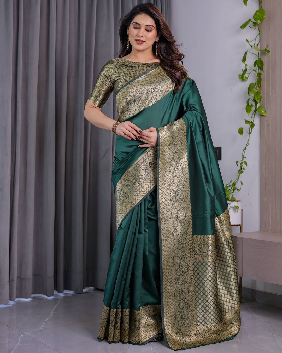 Emerald Green Banarasi Soft Silk Saree with Zari Border for Women