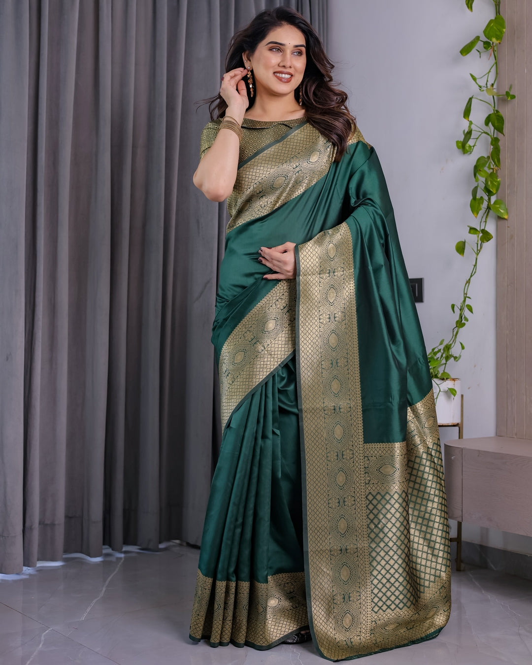 Emerald Green Banarasi Soft Silk Saree with Zari Border for Women