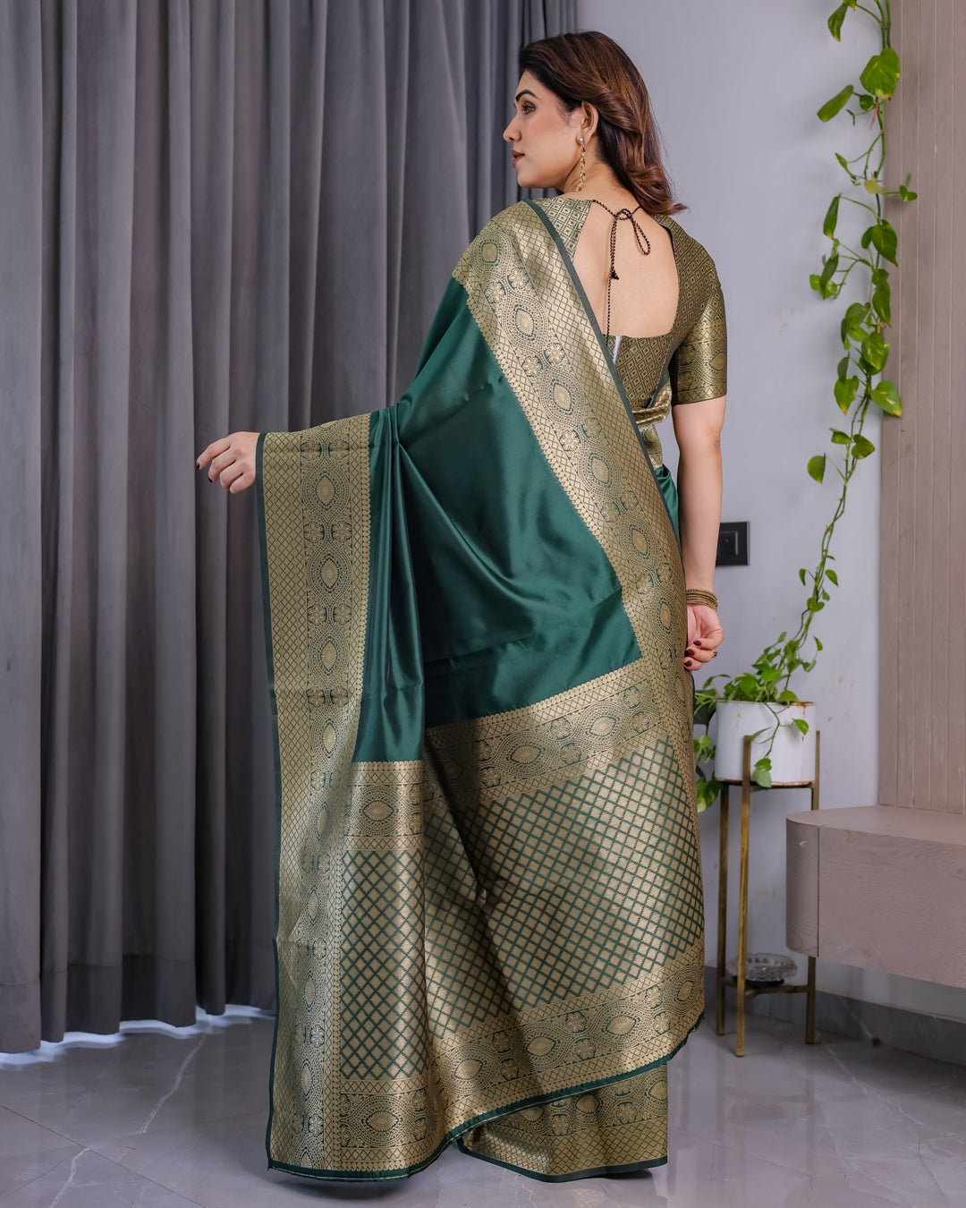 Emerald Green Banarasi Soft Silk Saree with Zari Border for Women