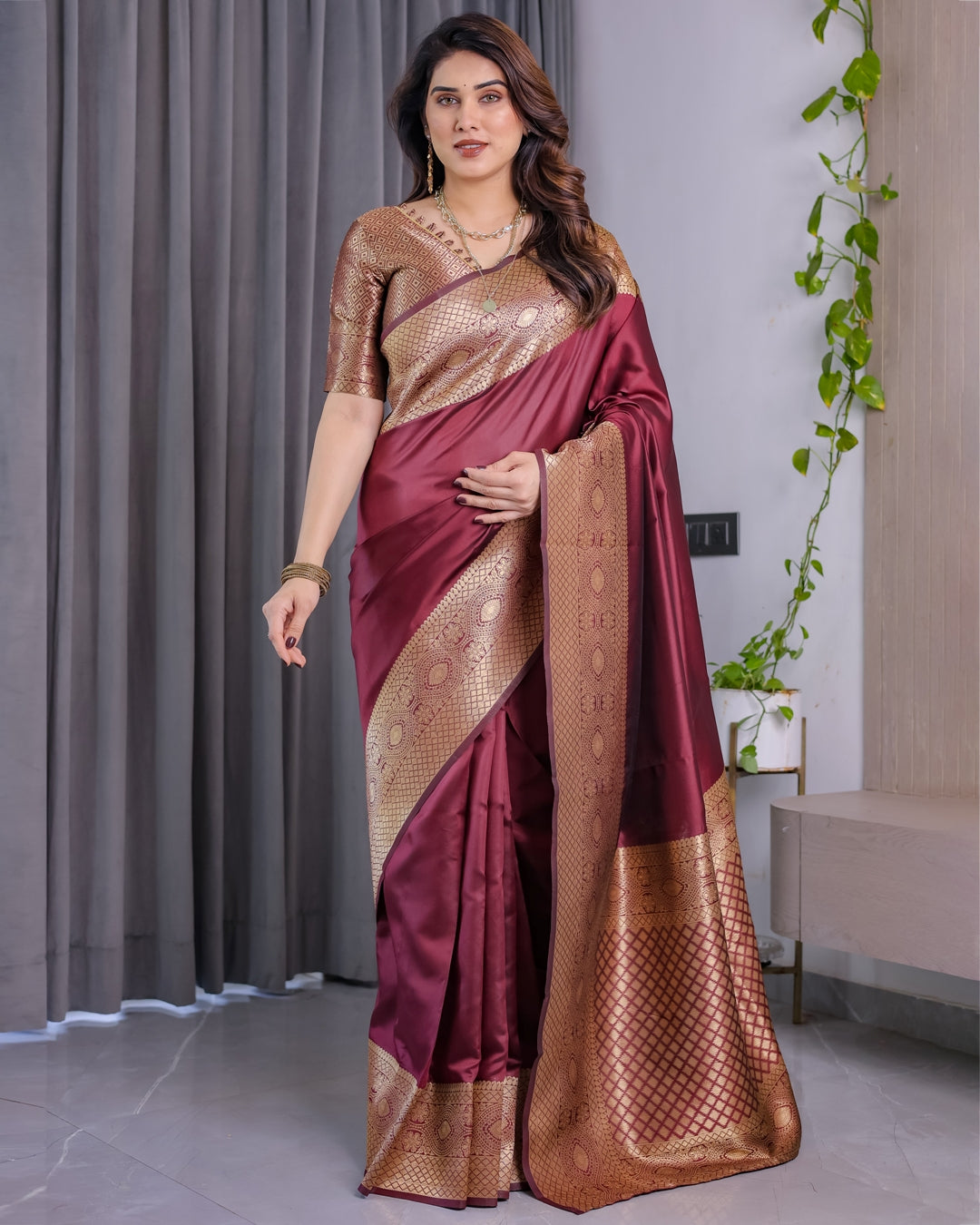 Maroon Banarasi Soft Silk Saree with Zari Border for Women