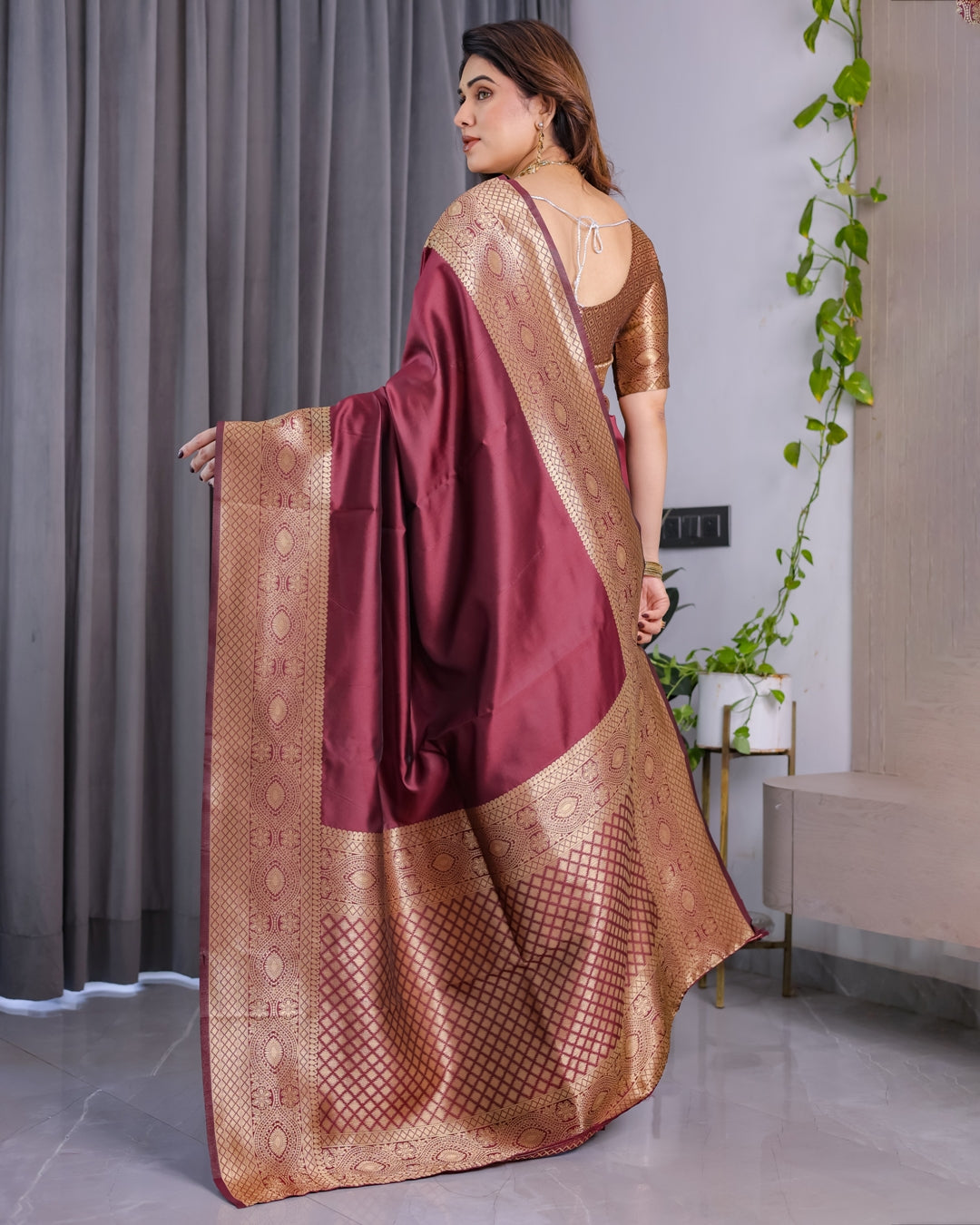 Maroon Banarasi Soft Silk Saree with Zari Border for Women