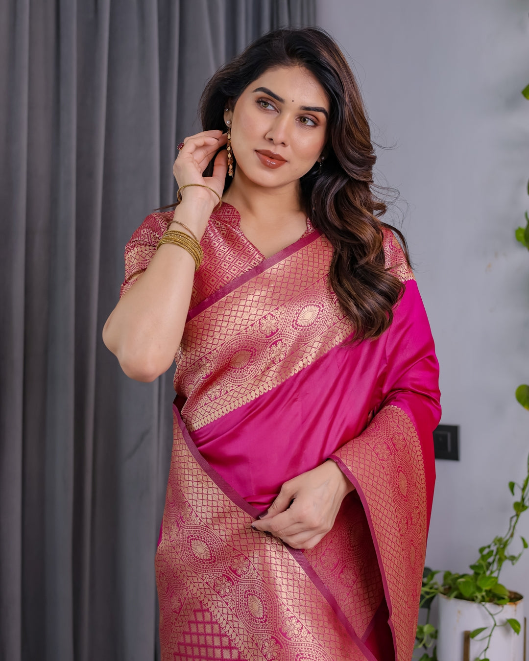 Rani Pink Banarasi Silk Saree with Jacquard Zari Border for Women