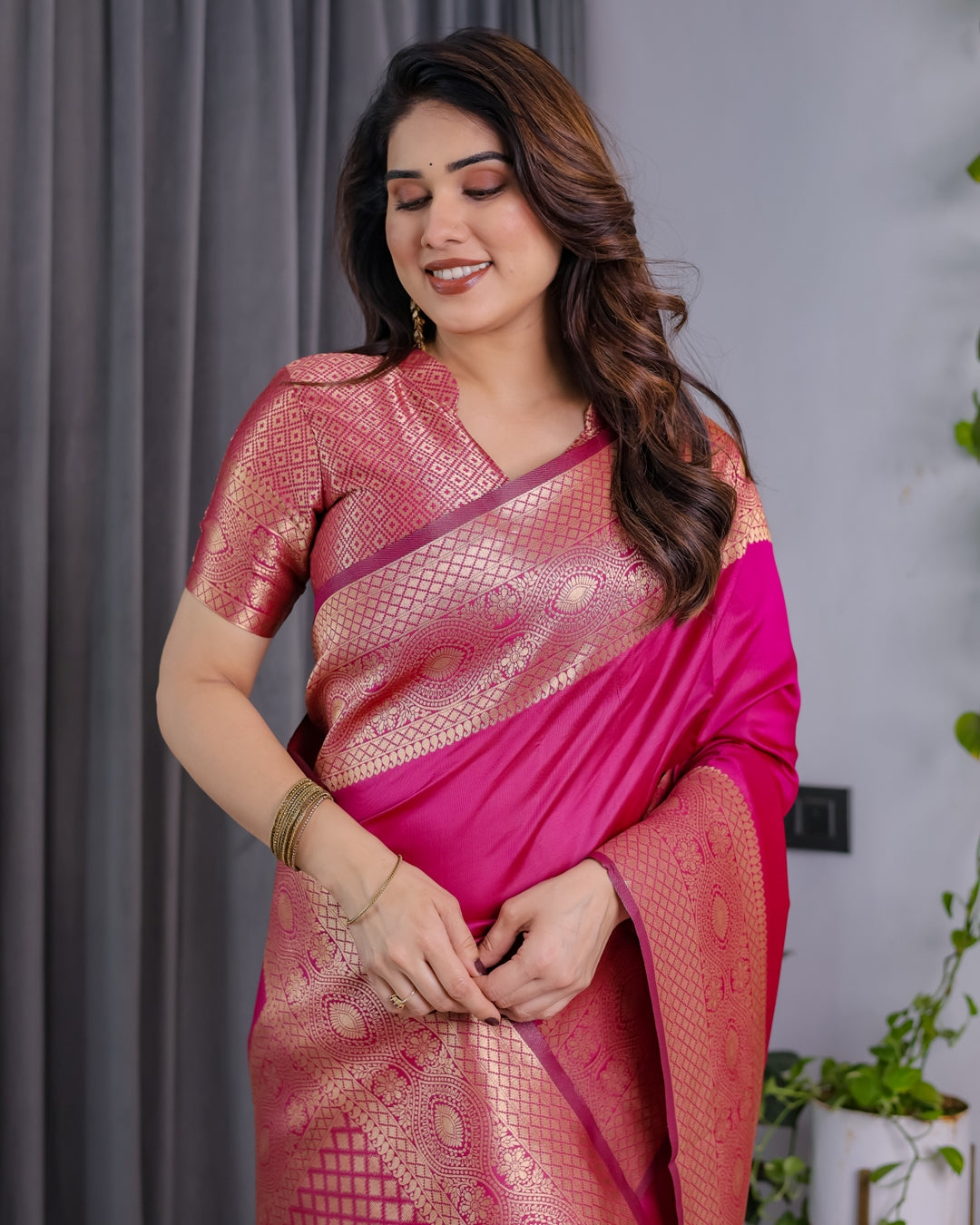 Rani Pink Banarasi Silk Saree with Jacquard Zari Border for Women